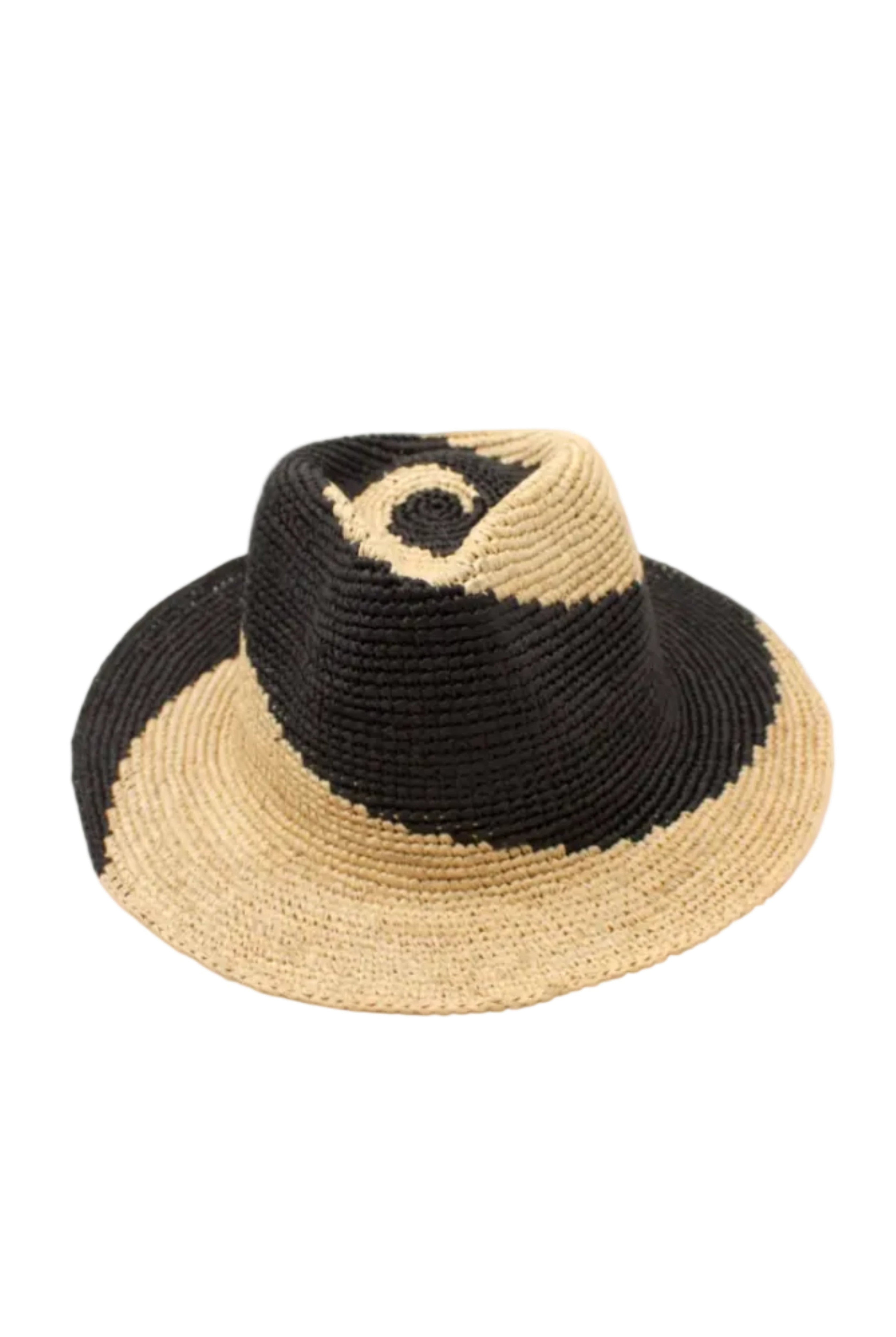 Sequoia Black and Natural 3" Brim Swirl Crochet Panama Unisex Straw Hats handmade crochet natural raffia palm fiber in a two tone color swirl design of black and natural straw color spiraling together from wide bands around the brim to a narrow twist at the top of the crown - Shebobo