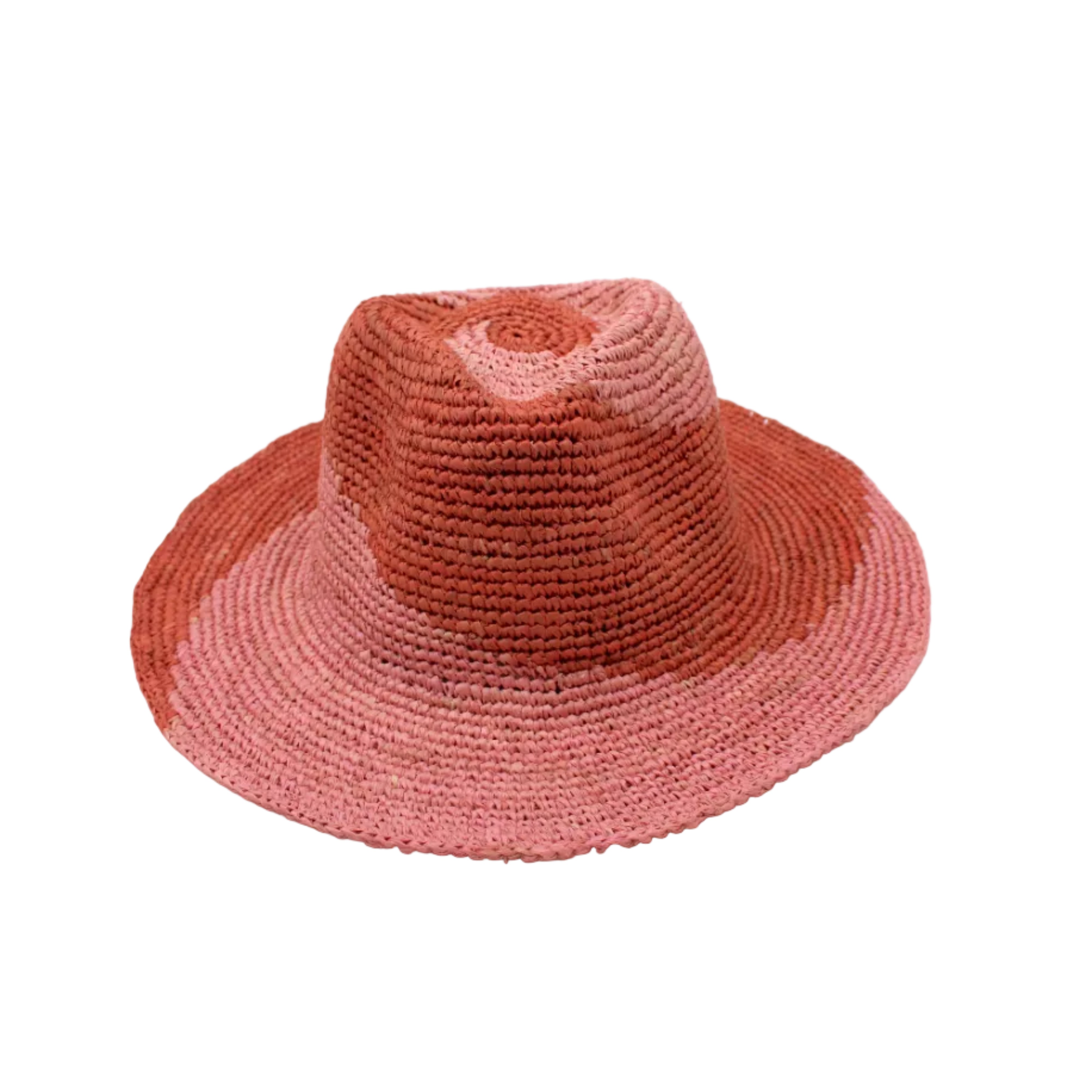 Sequoia Blush & Pink 3" Brim Swirl Crochet Panama Unisex Straw Hats handmade crochet natural raffia palm fiber in a two tone color swirl design of blush orange/pink and pink pale/light/pink spiraling together from wide bands around the brim to a narrow twist at the top of the crown - Shebobo