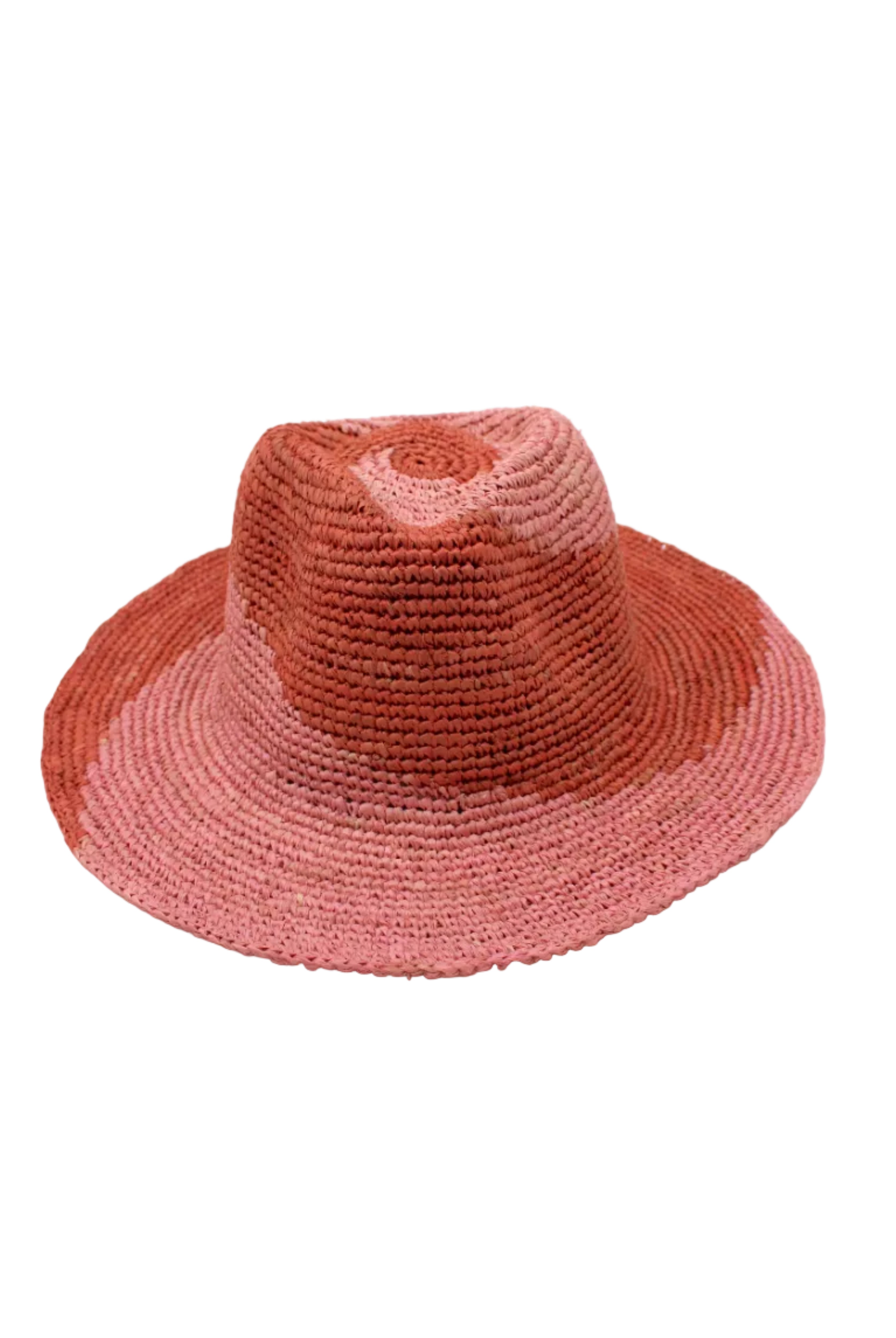 Sequoia Blush & Pink 3" Brim Swirl Crochet Panama Unisex Straw Hats handmade crochet natural raffia palm fiber in a two tone color swirl design of blush orange/pink and pink pale/light/pink spiraling together from wide bands around the brim to a narrow twist at the top of the crown - Shebobo