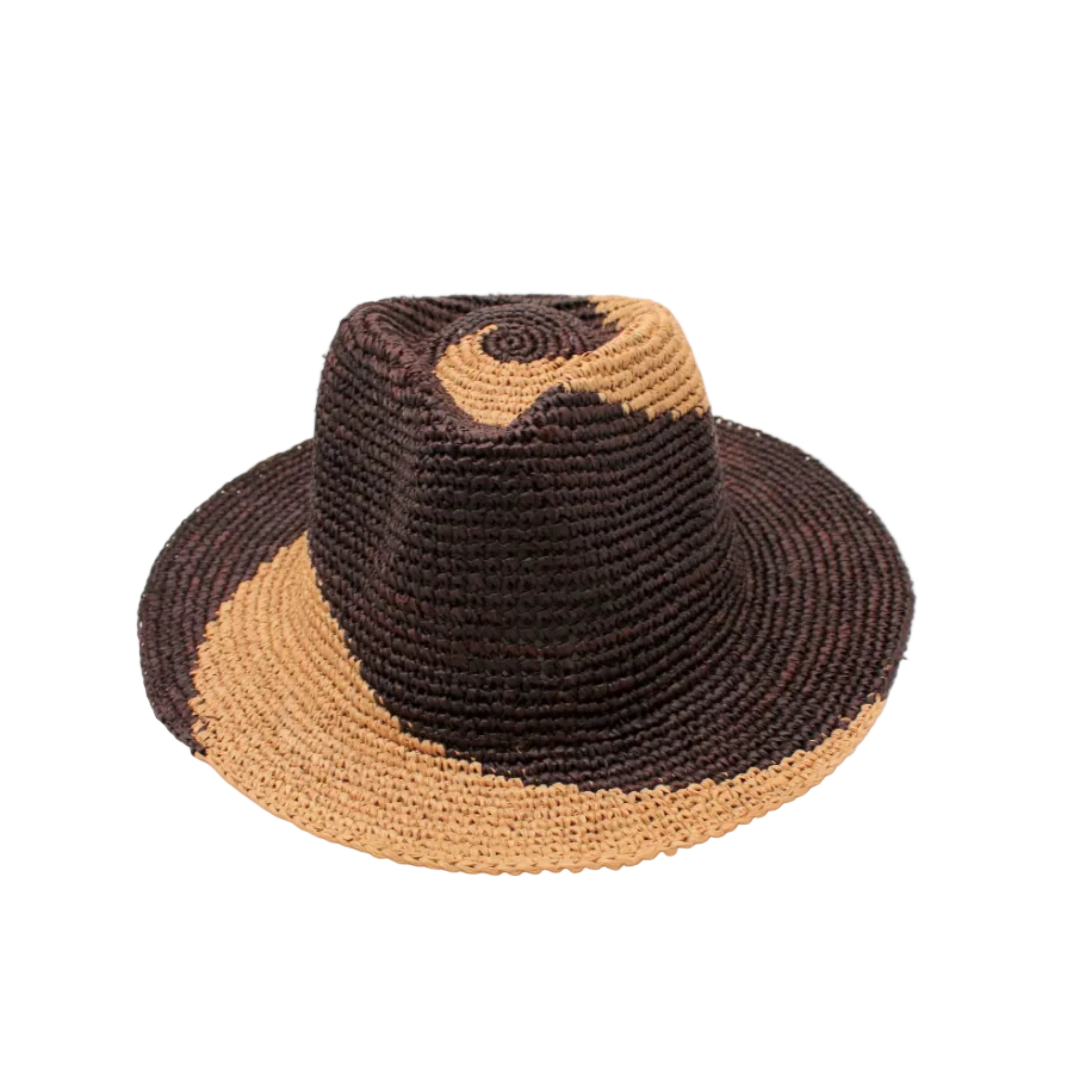 Sequoia Cappuccino & Mocha 3" Brim Swirl Crochet Panama Unisex Straw Hats handmade crochet natural raffia palm fiber in a two tone color swirl design of cappuccino tea/light/brown and mocha dark/chocolate/brown spiraling together from wide bands around the brim to a narrow twist at the top of the crown - Shebobo