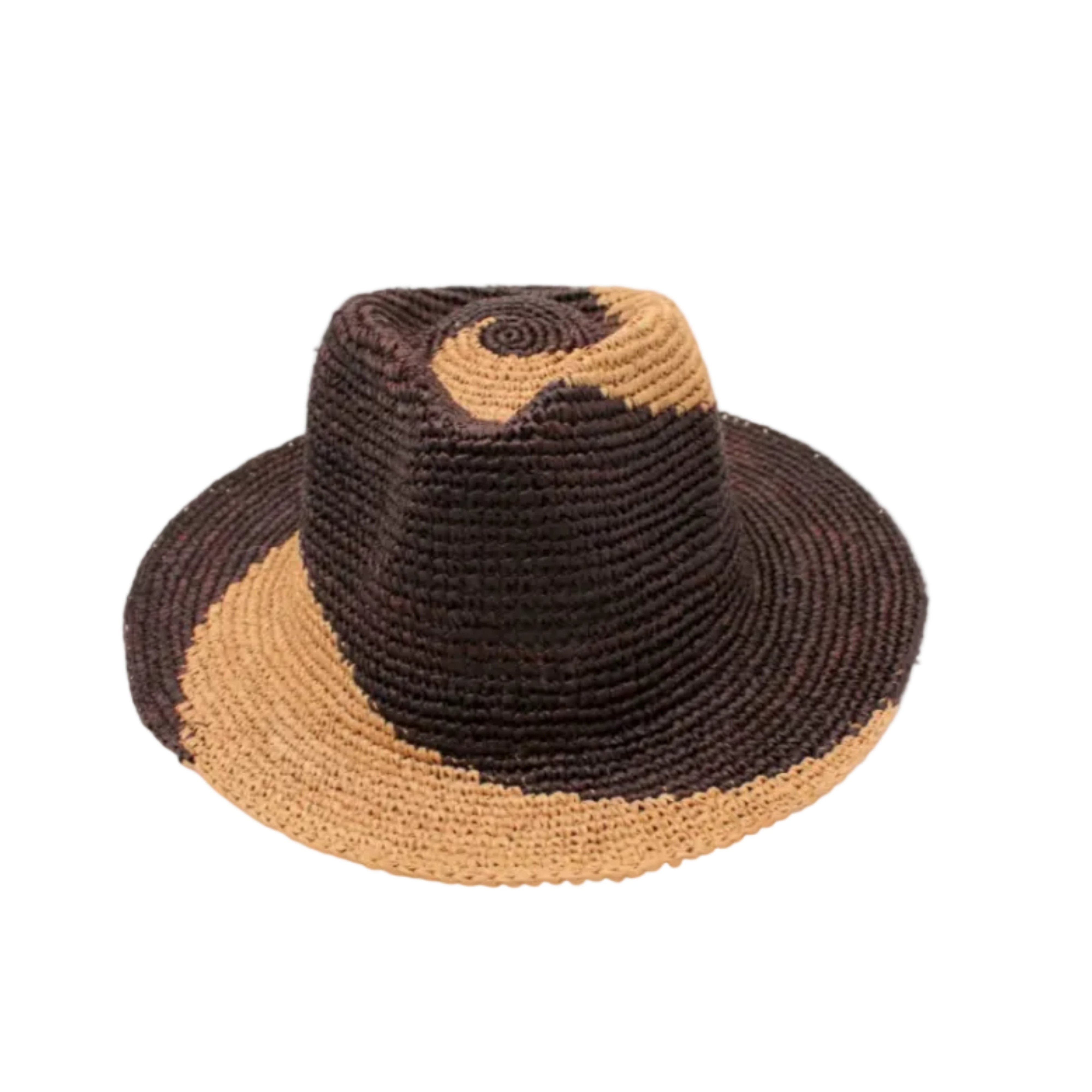 Sequoia Cappuccino & Mocha 3" Brim Swirl Crochet Panama Unisex Straw Hats handmade crochet natural raffia palm fiber in a two tone color swirl design of cappuccino tea/light/brown and mocha dark/chocolate/brown spiraling together from wide bands around the brim to a narrow twist at the top of the crown - Shebobo