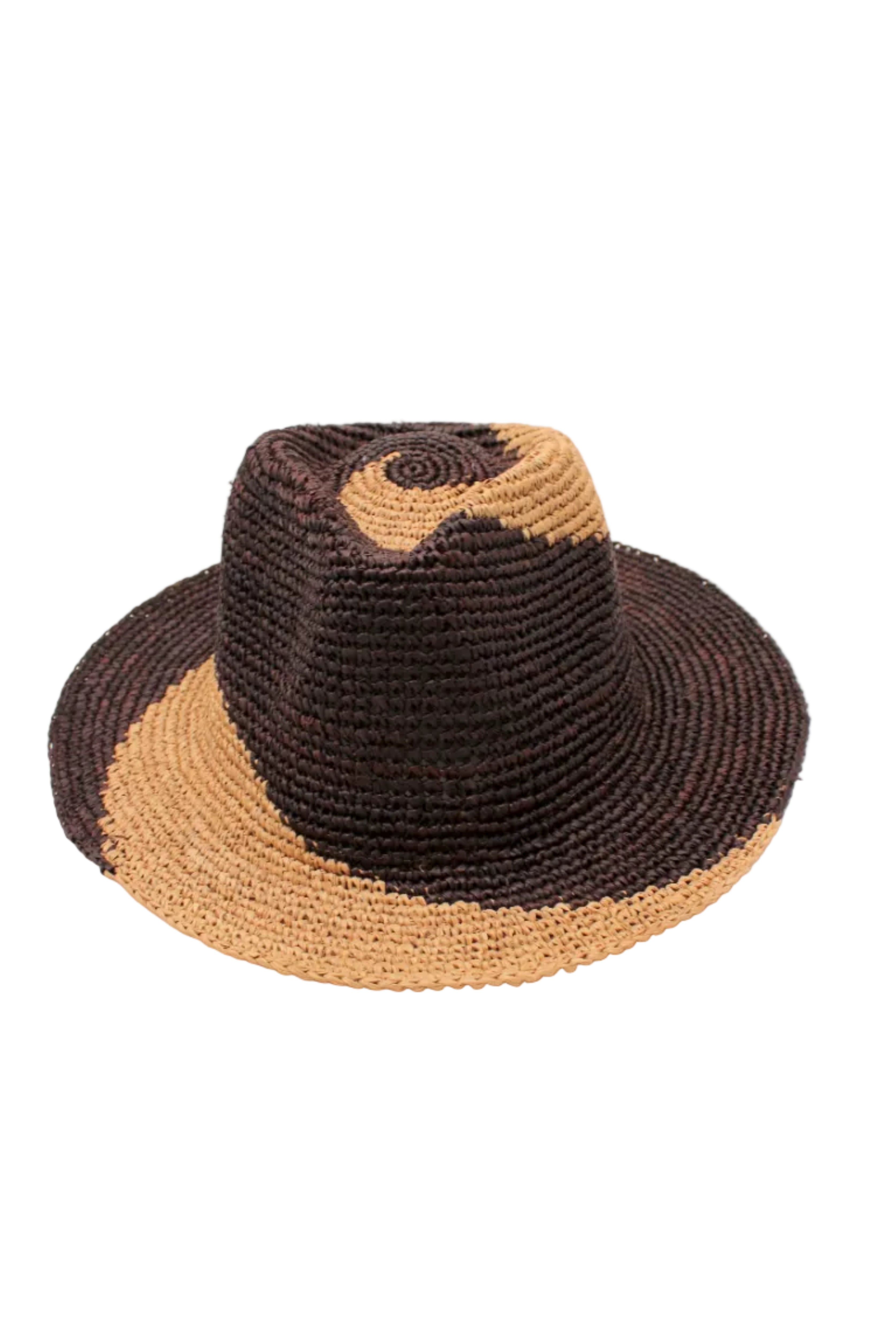 Sequoia Cappuccino & Mocha 3" Brim Swirl Crochet Panama Unisex Straw Hats handmade crochet natural raffia palm fiber in a two tone color swirl design of cappuccino tea/light/brown and mocha dark/chocolate/brown spiraling together from wide bands around the brim to a narrow twist at the top of the crown - Shebobo