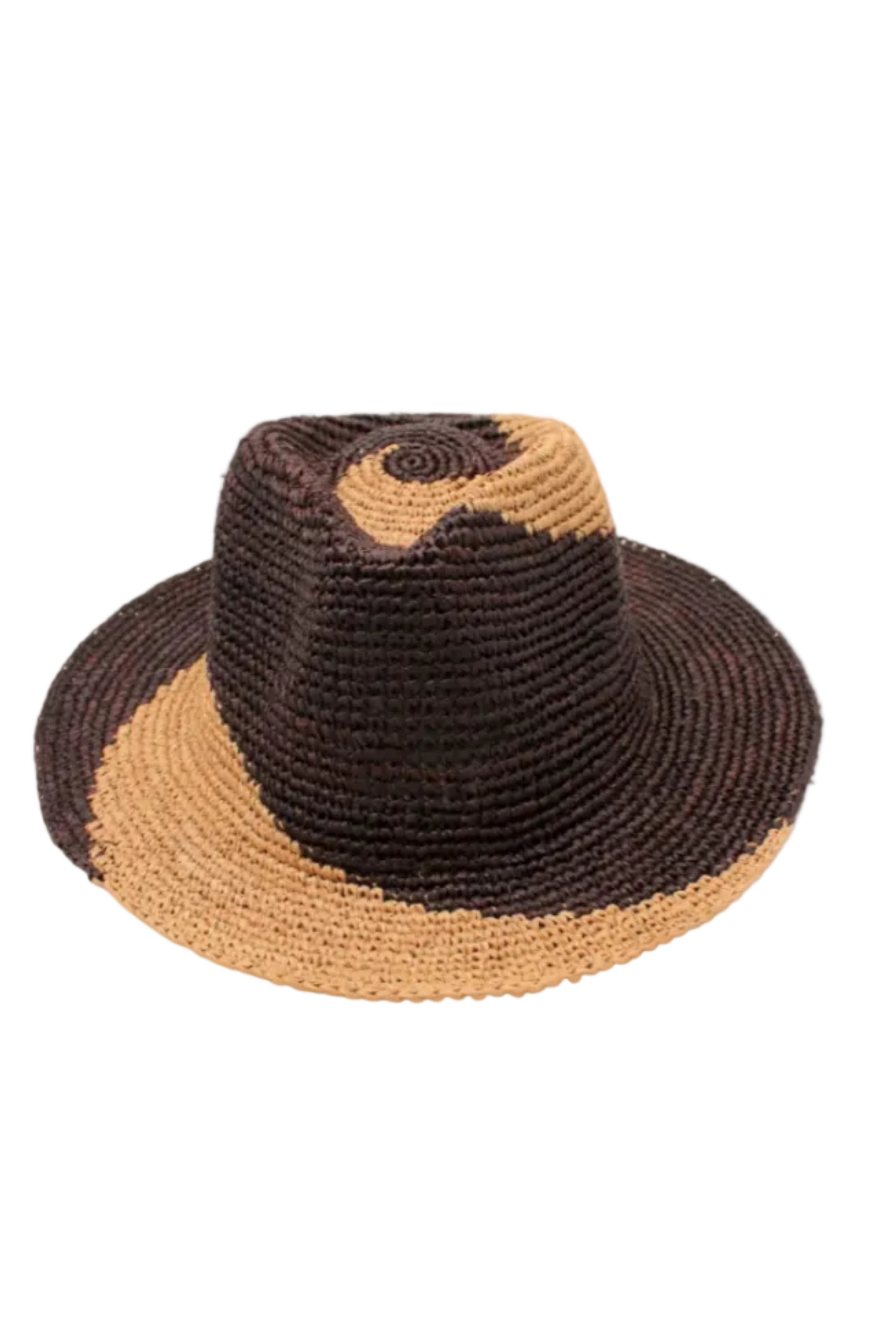 Sequoia Cappuccino & Mocha 3" Brim Swirl Crochet Panama Unisex Straw Hats handmade crochet natural raffia palm fiber in a two tone color swirl design of cappuccino tea/light/brown and mocha dark/chocolate/brown spiraling together from wide bands around the brim to a narrow twist at the top of the crown - Shebobo