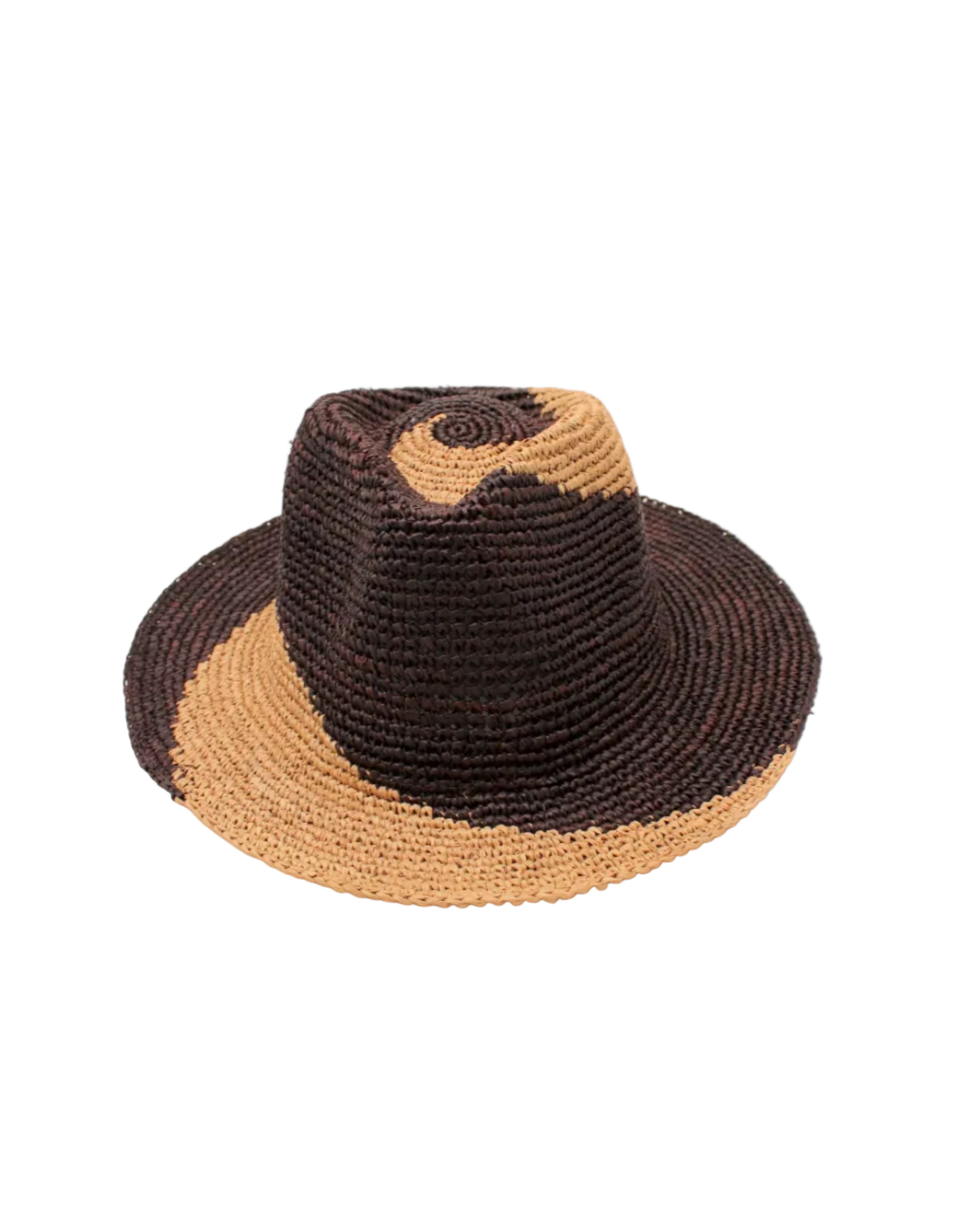 Sequoia Cappuccino & Mocha 3" Brim Swirl Crochet Panama Unisex Straw Hats handmade crochet natural raffia palm fiber in a two tone color swirl design of cappuccino tea/light/brown and mocha dark/chocolate/brown spiraling together from wide bands around the brim to a narrow twist at the top of the crown - Shebobo