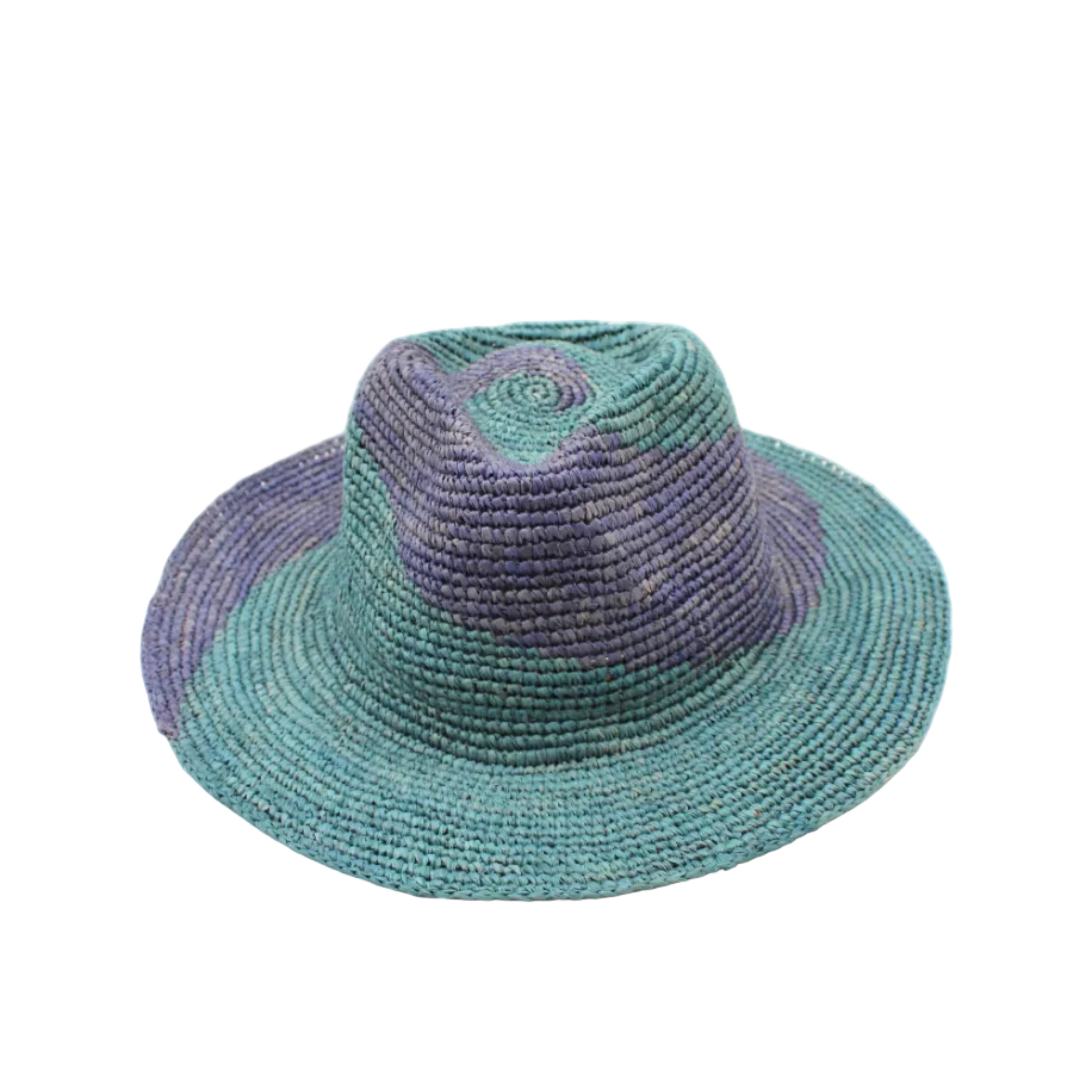 Sequoia Denim & Turquoise 3" Brim Swirl Crochet Panama Unisex Straw Hats handmade crochet natural raffia palm fiber in a two tone color swirl design of denim retro/light/blue and turquoise light/blue/green spiraling together from wide bands around the brim to a narrow twist at the top of the crown - Shebobo
