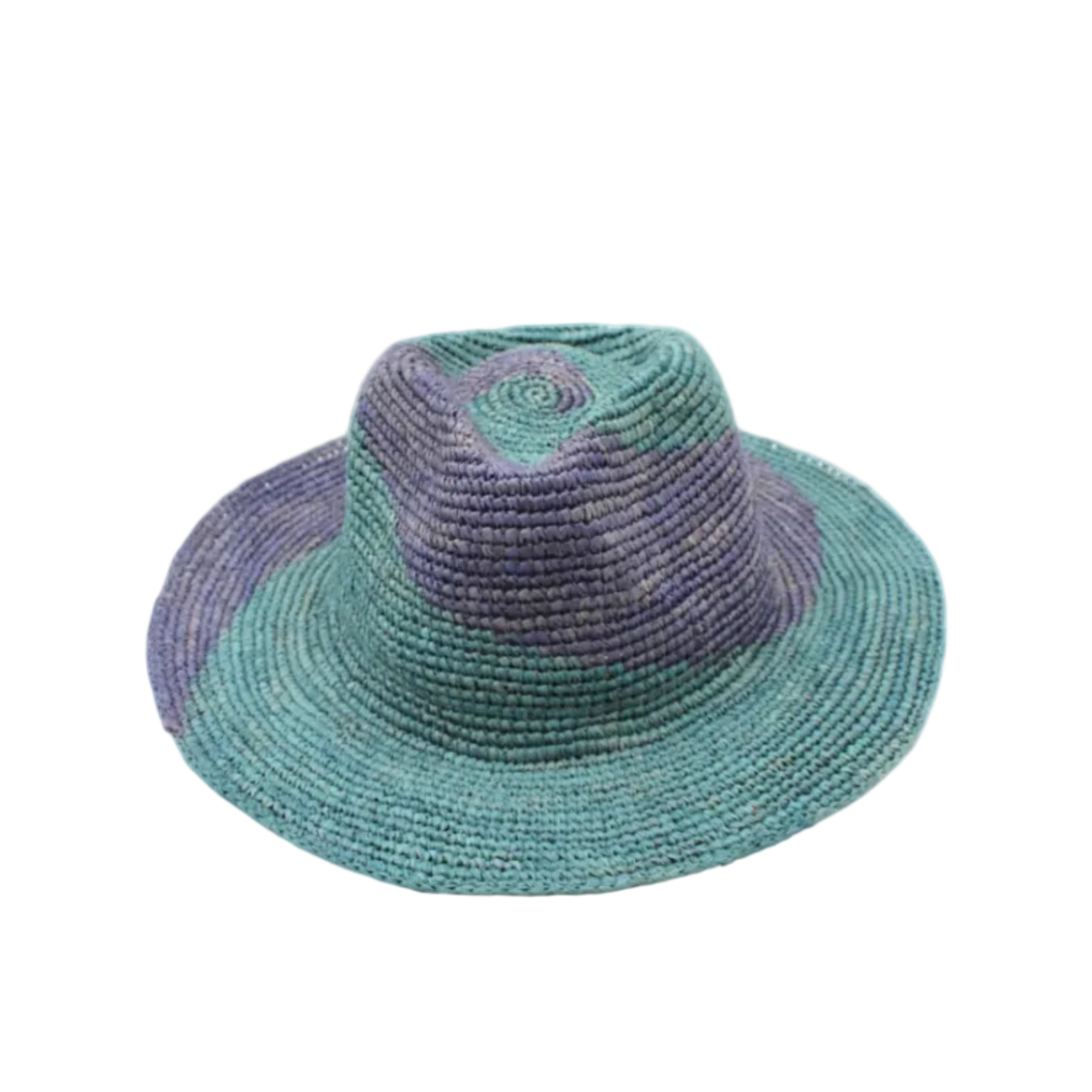 Sequoia Denim & Turquoise 3" Brim Swirl Crochet Panama Unisex Straw Hats handmade crochet natural raffia palm fiber in a two tone color swirl design of denim retro/light/blue and turquoise light/blue/green spiraling together from wide bands around the brim to a narrow twist at the top of the crown - Shebobo