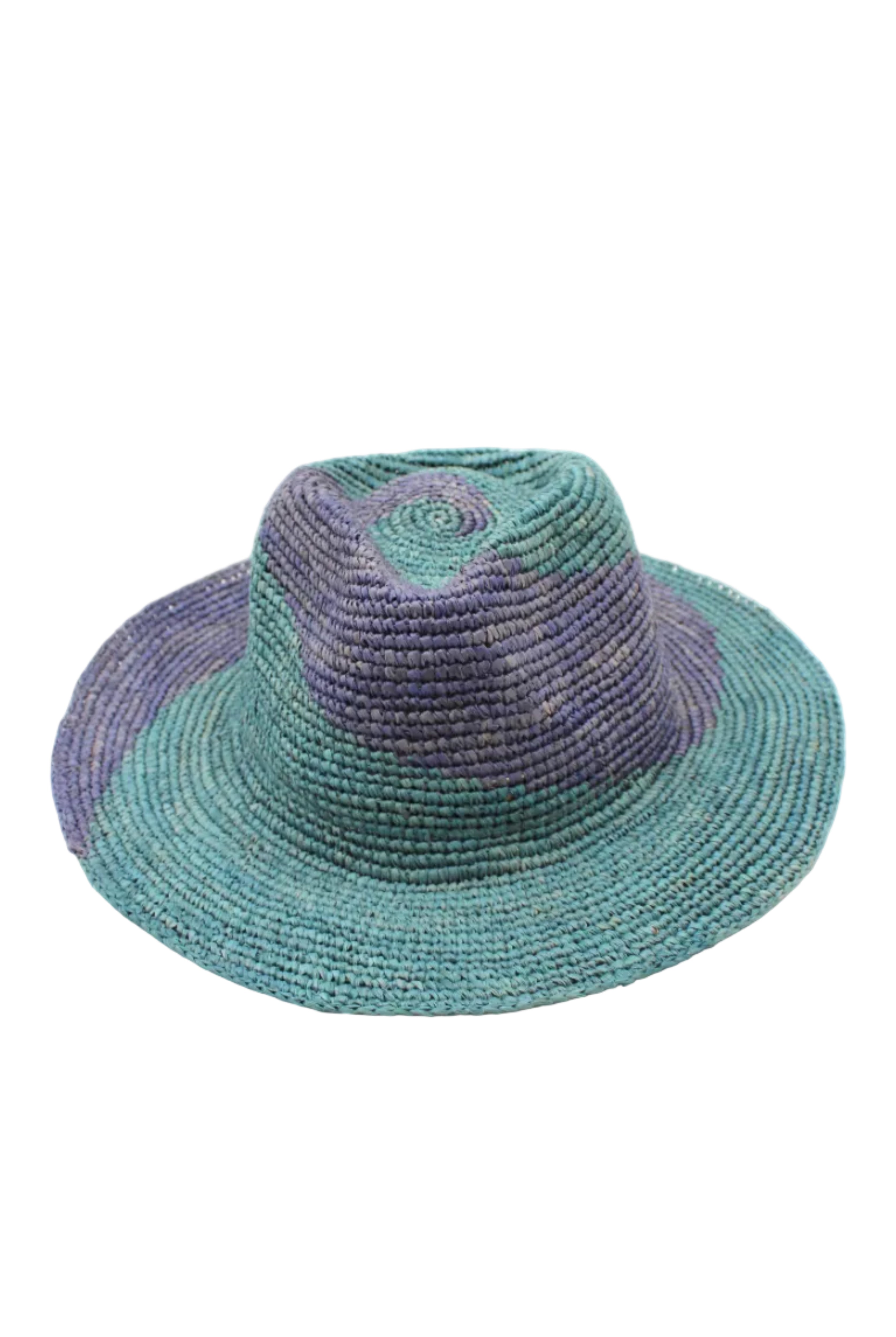 Sequoia Denim & Turquoise 3" Brim Swirl Crochet Panama Unisex Straw Hats handmade crochet natural raffia palm fiber in a two tone color swirl design of denim retro/light/blue and turquoise light/blue/green spiraling together from wide bands around the brim to a narrow twist at the top of the crown - Shebobo