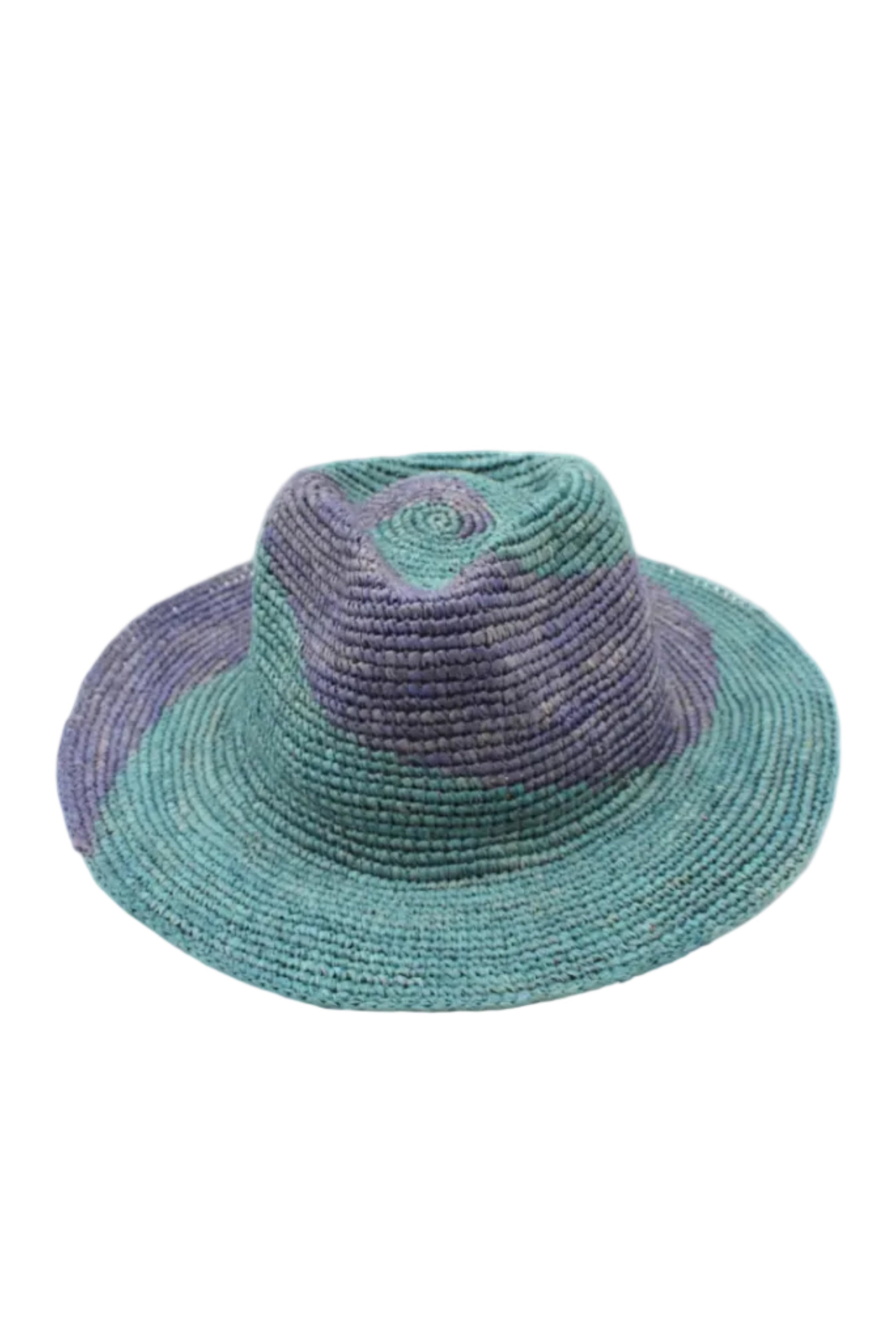 Sequoia Denim & Turquoise 3" Brim Swirl Crochet Panama Unisex Straw Hats handmade crochet natural raffia palm fiber in a two tone color swirl design of denim retro/light/blue and turquoise light/blue/green spiraling together from wide bands around the brim to a narrow twist at the top of the crown - Shebobo
