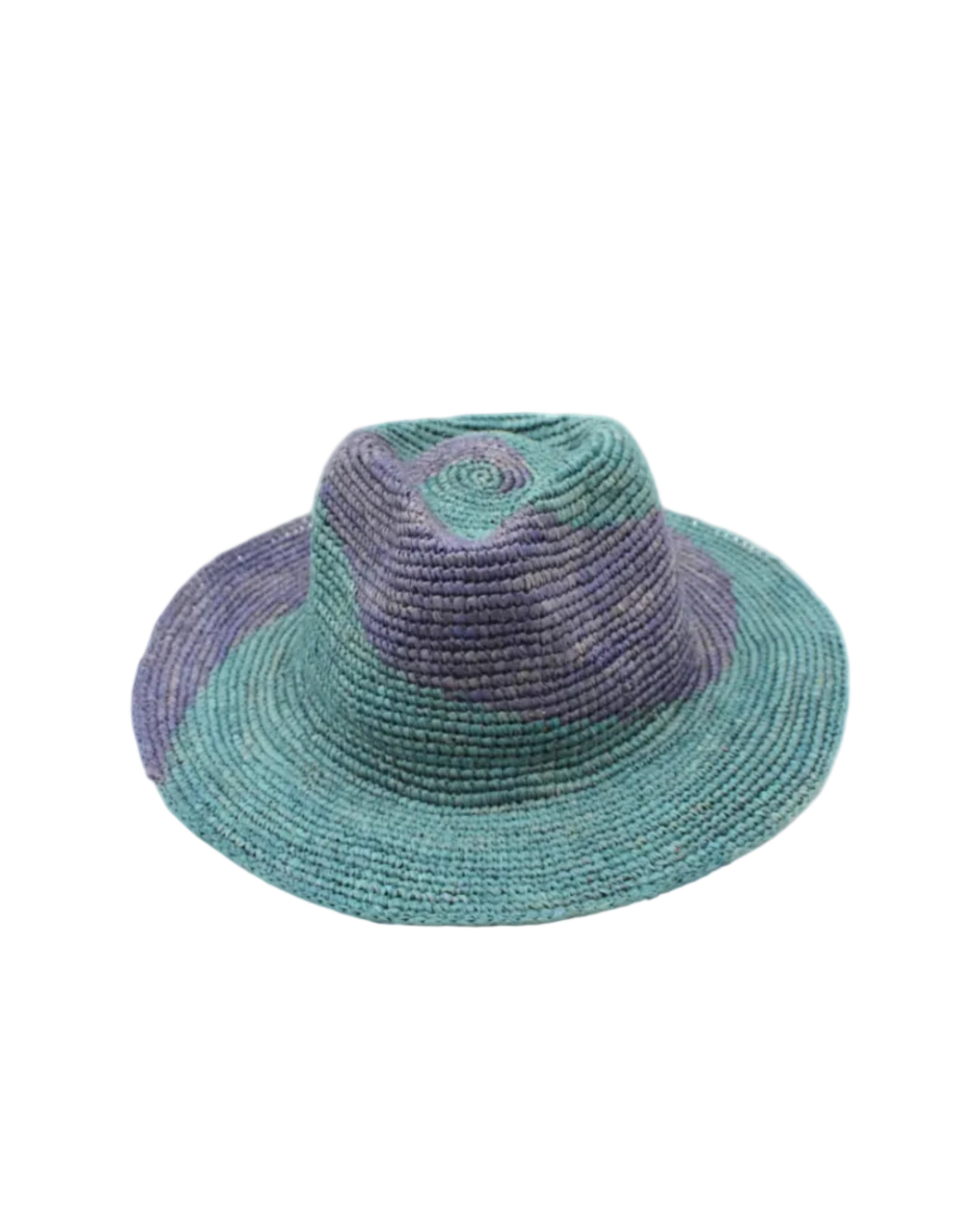 Sequoia Denim & Turquoise 3" Brim Swirl Crochet Panama Unisex Straw Hats handmade crochet natural raffia palm fiber in a two tone color swirl design of denim retro/light/blue and turquoise light/blue/green spiraling together from wide bands around the brim to a narrow twist at the top of the crown - Shebobo