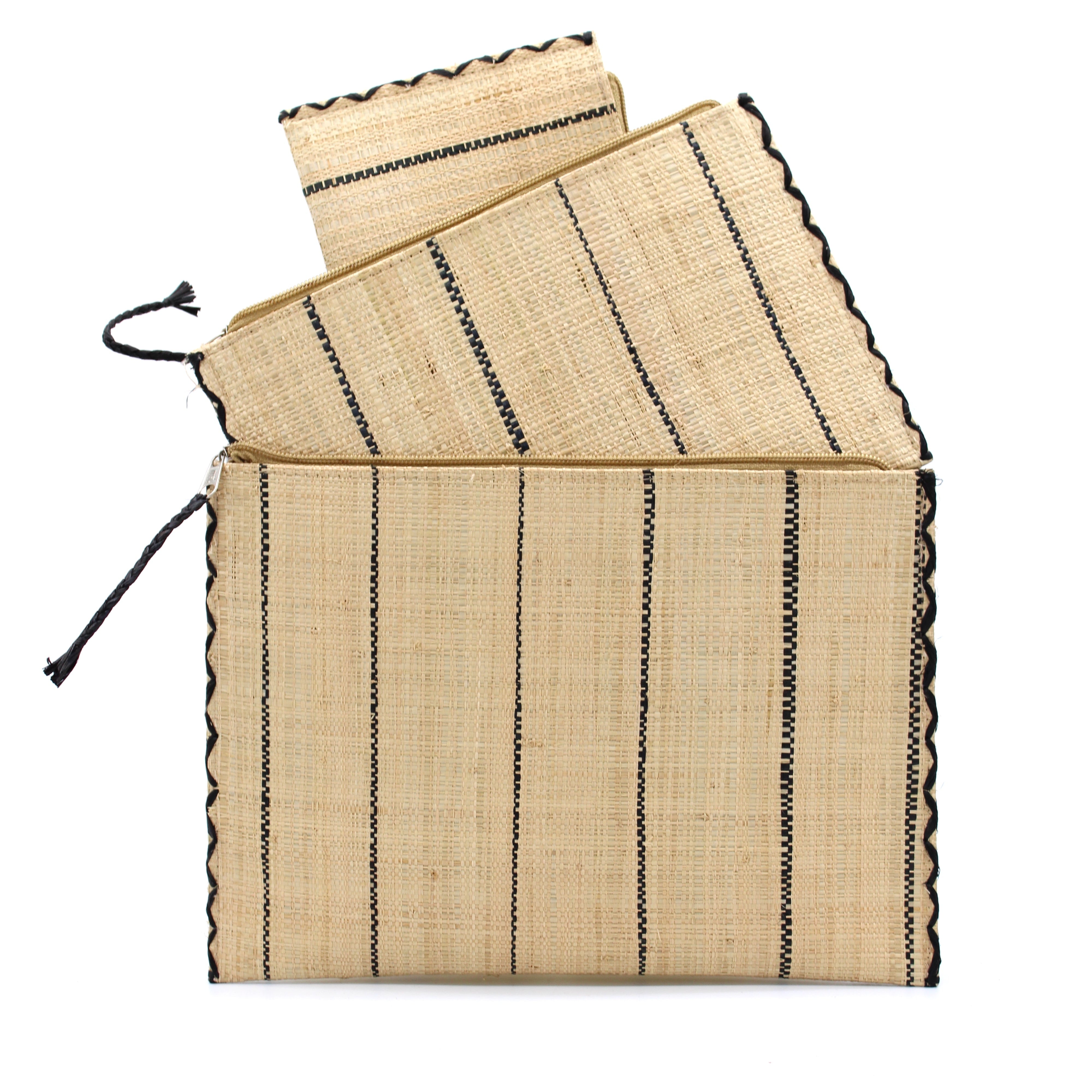 Set of 3 Natural Nesting Zippered Straw Clutches Pinstripe Pattern handmade loomed raffia in wide vertical bands of natural straw color with narrow bands of black with matching zipper and braided zipper pull with cross stitch edging in three sizes of small, medium, and large - Shebobo