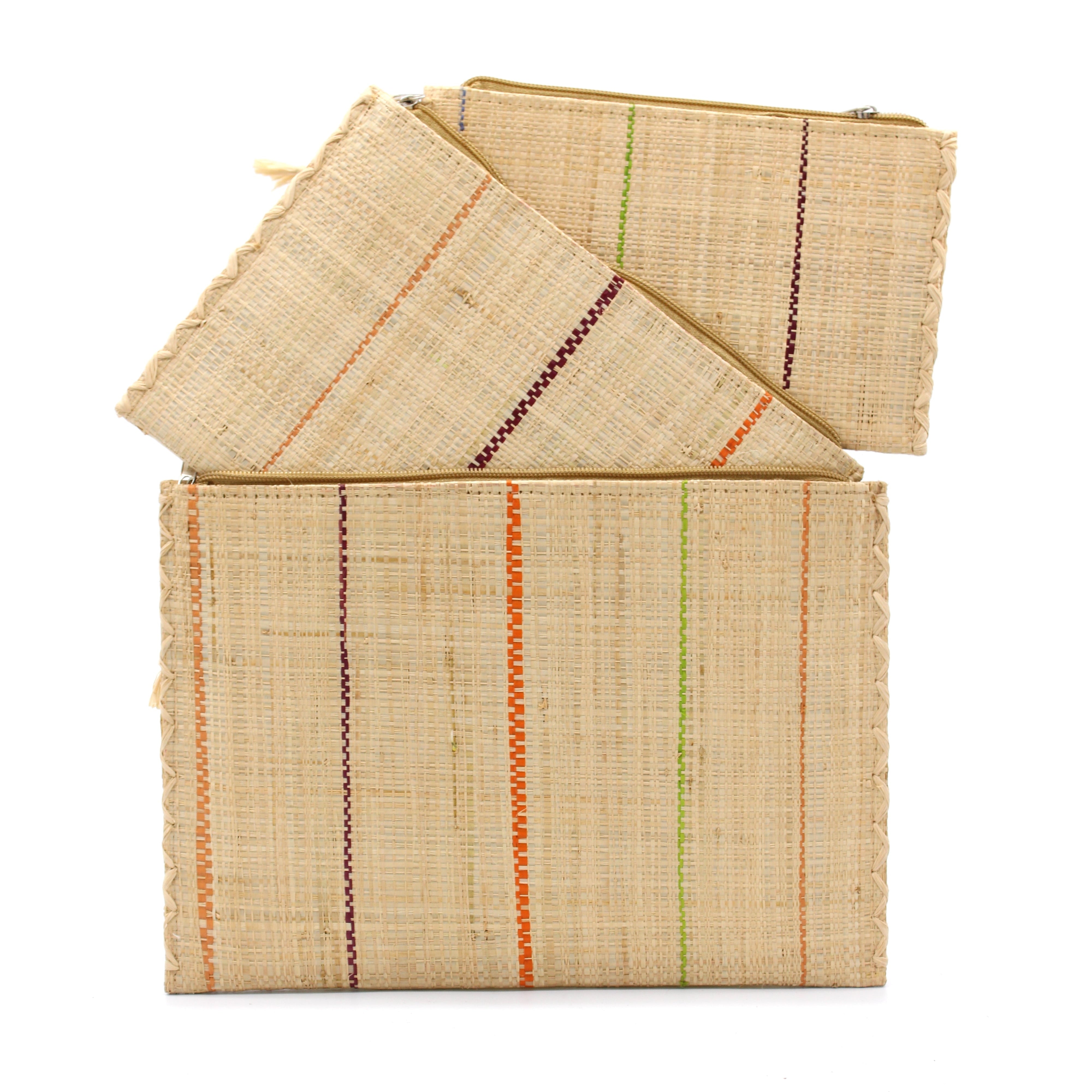 Set of 3 Brights on Natural straw color Nesting Zippered Straw Clutches Pinstripe Pattern handmade loomed raffia in wide vertical bands of natural with multicolor narrow bands of fuchsia pink, coral orange/red, lime green, black, etc. with matching zipper and braided zipper pull with cross stitch edging in three sizes of small, medium, and large - Shebobo