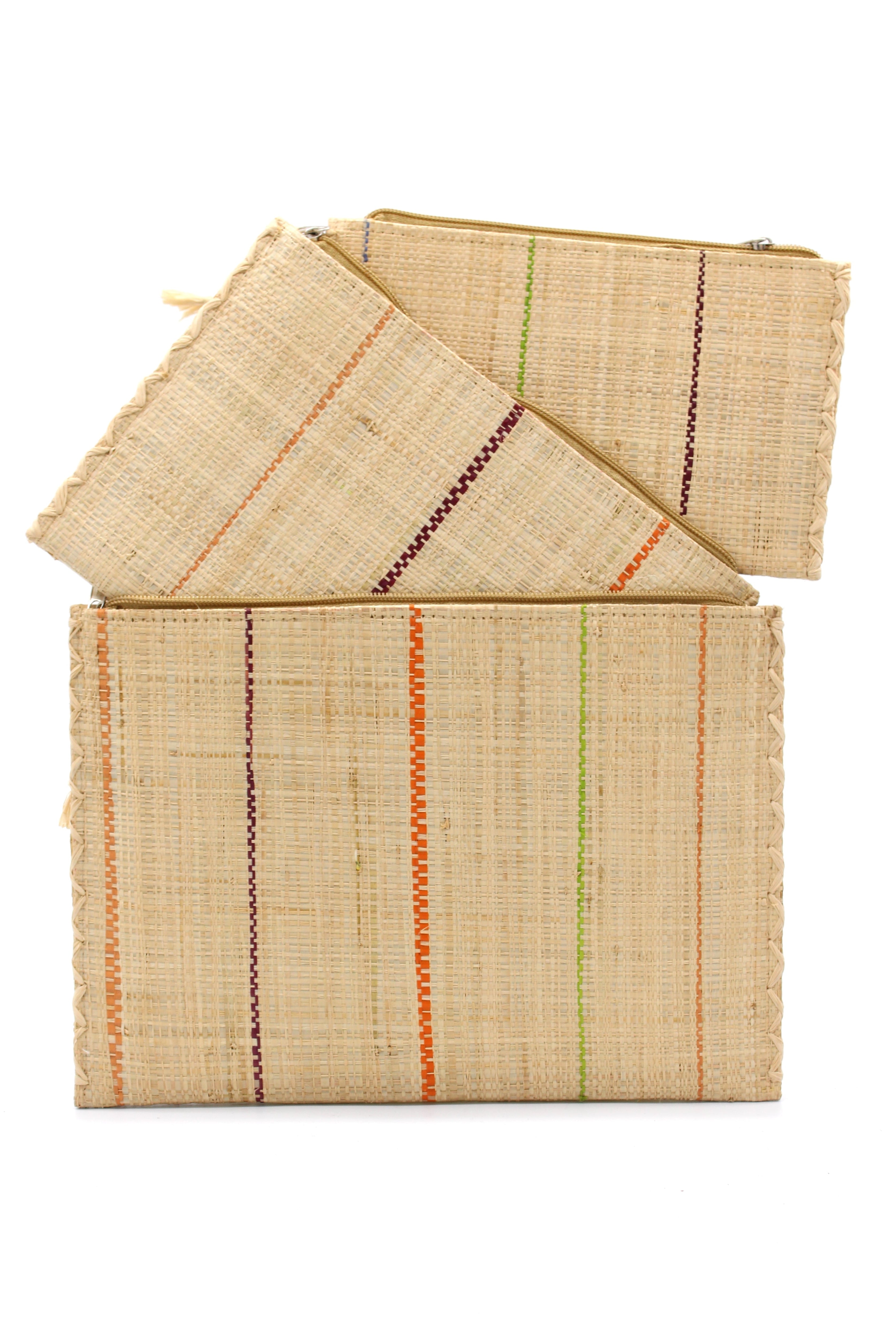 Set of 3 Brights on Natural straw color Nesting Zippered Straw Clutches Pinstripe Pattern handmade loomed raffia in wide vertical bands of natural with multicolor narrow bands of fuchsia pink, coral orange/red, lime green, black, etc. with matching zipper and braided zipper pull with cross stitch edging in three sizes of small, medium, and large - Shebobo