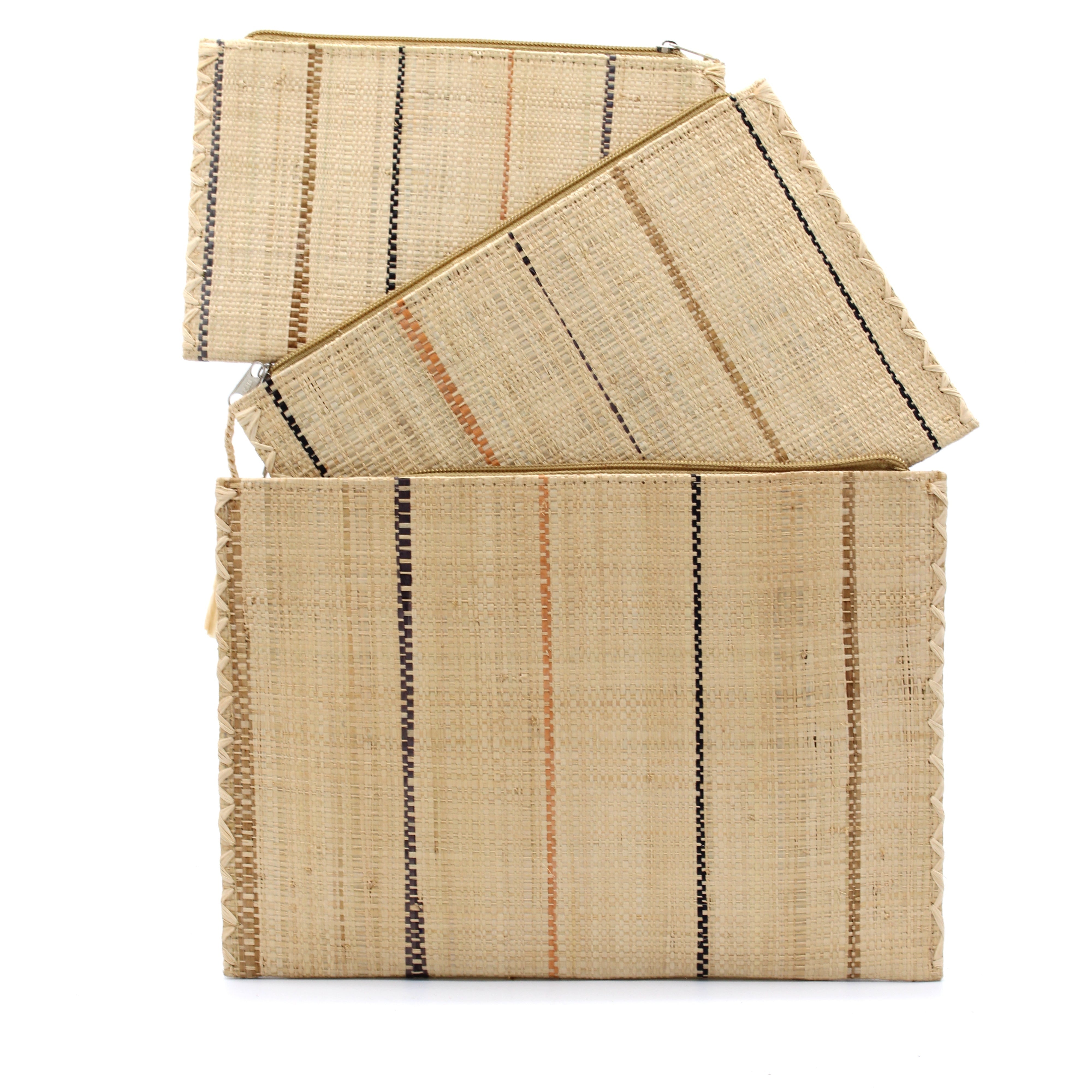 Set of 3 Neutrals on Natural straw color Nesting Zippered Straw Clutches Pinstripe Pattern handmade loomed raffia in wide vertical bands of natural with multicolor narrow bands of cinnamon/tobacco/brown, black, and blush with matching zipper and braided zipper pull with cross stitch edging in three sizes of small, medium, and large - Shebobo