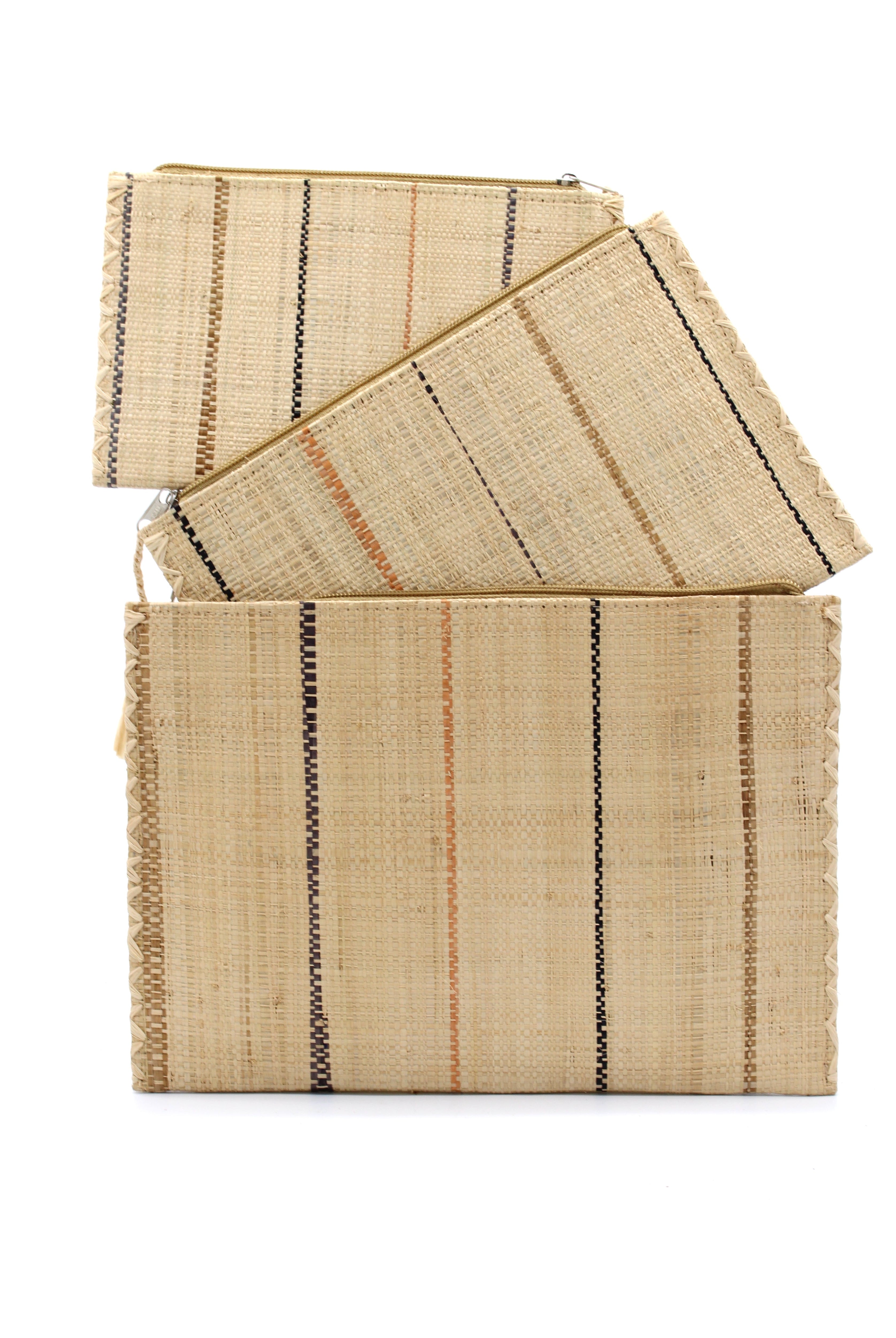 Set of 3 Neutrals on Natural straw color Nesting Zippered Straw Clutches Pinstripe Pattern handmade loomed raffia in wide vertical bands of natural with multicolor narrow bands of cinnamon/tobacco/brown, black, and blush with matching zipper and braided zipper pull with cross stitch edging in three sizes of small, medium, and large - Shebobo