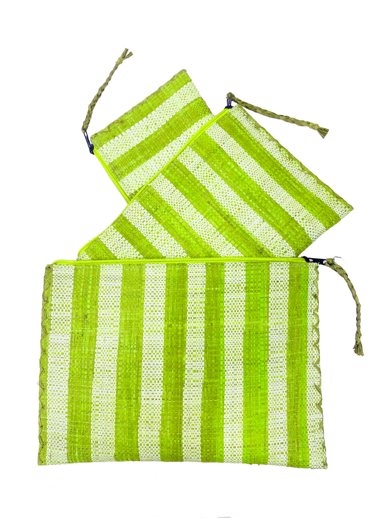 Set of 3 Nesting Zippered Straw Clutches Lime Multicolor Stripe Pattern handmade loomed raffia in vertical stripes of lime green and natural straw color with matching zipper and braided zipper pull with cross stitch edging in three sizes of small, medium, and large - Shebobo