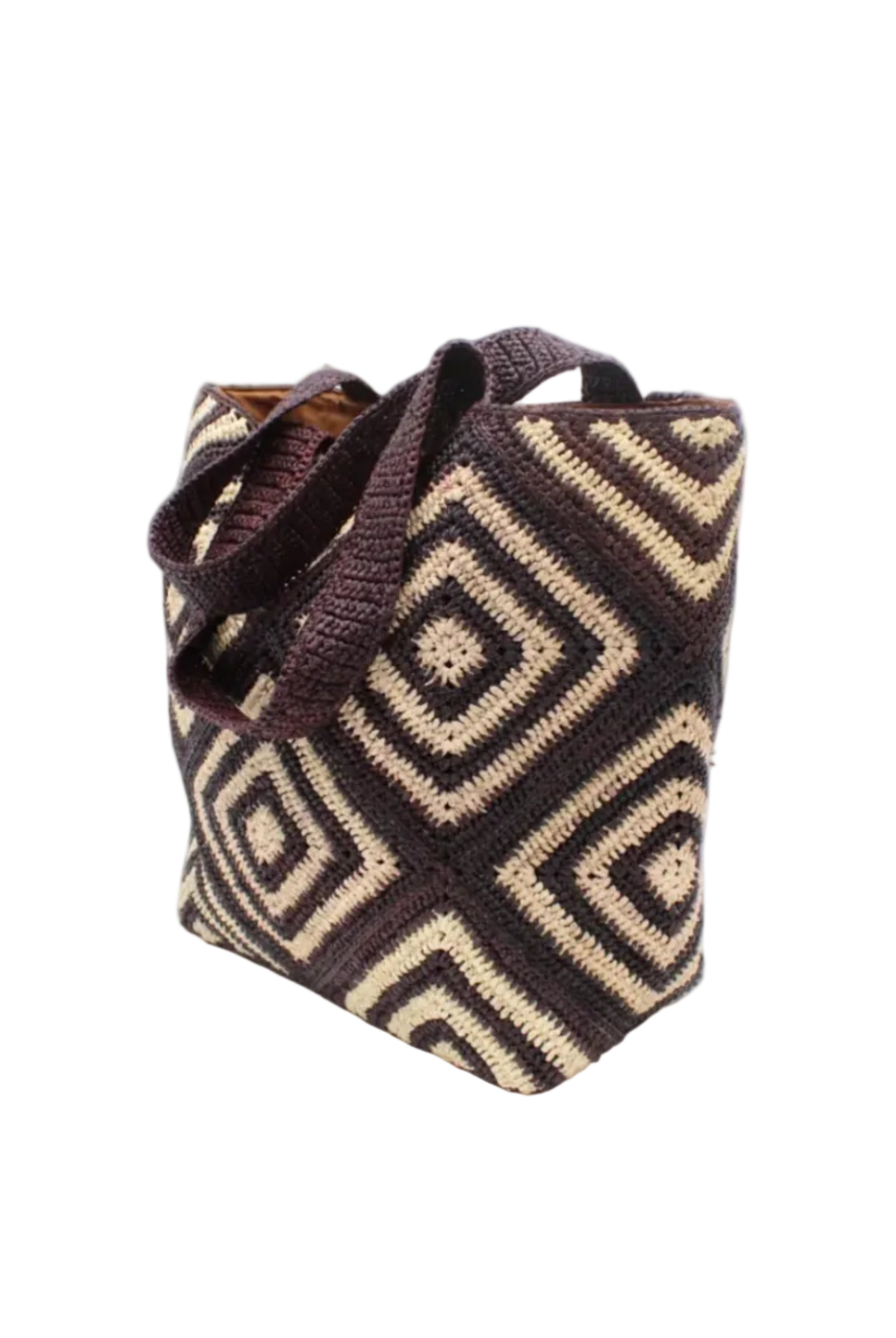 Side view Seychelle Mocha and Natural Diamond Pattern Crochet Straw Basket Handbag hSeychelle Espresso and Natural Diamond Pattern Crochet Straw Basket Handbag handmade natural raffia palm fiber in a two tone multicolor geometric diamond pattern with alternating Espresso chocolate/dark/brown and natural straw colored diamonds that make a diagonal bullseye pattern with matching crochet handles beach bag tote purse - Shebobo