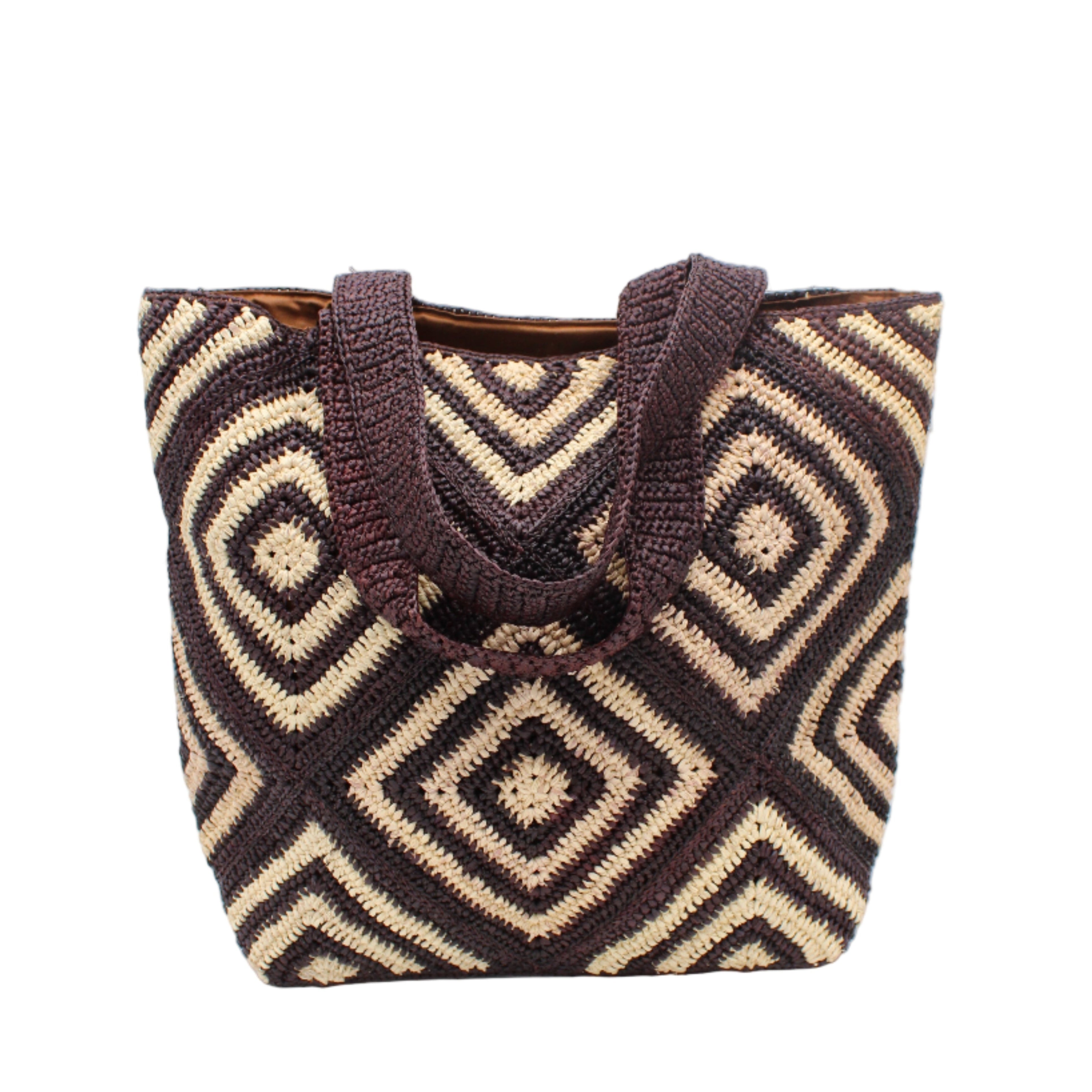 Seychelle Espresso and Natural Diamond Pattern Crochet Straw Basket Handbag handmade natural raffia palm fiber in a two tone multicolor geometric diamond pattern with alternating Espresso chocolate/dark/brown and natural straw colored diamonds that make a diagonal bullseye pattern with matching crochet handles beach bag tote purse - Shebobo