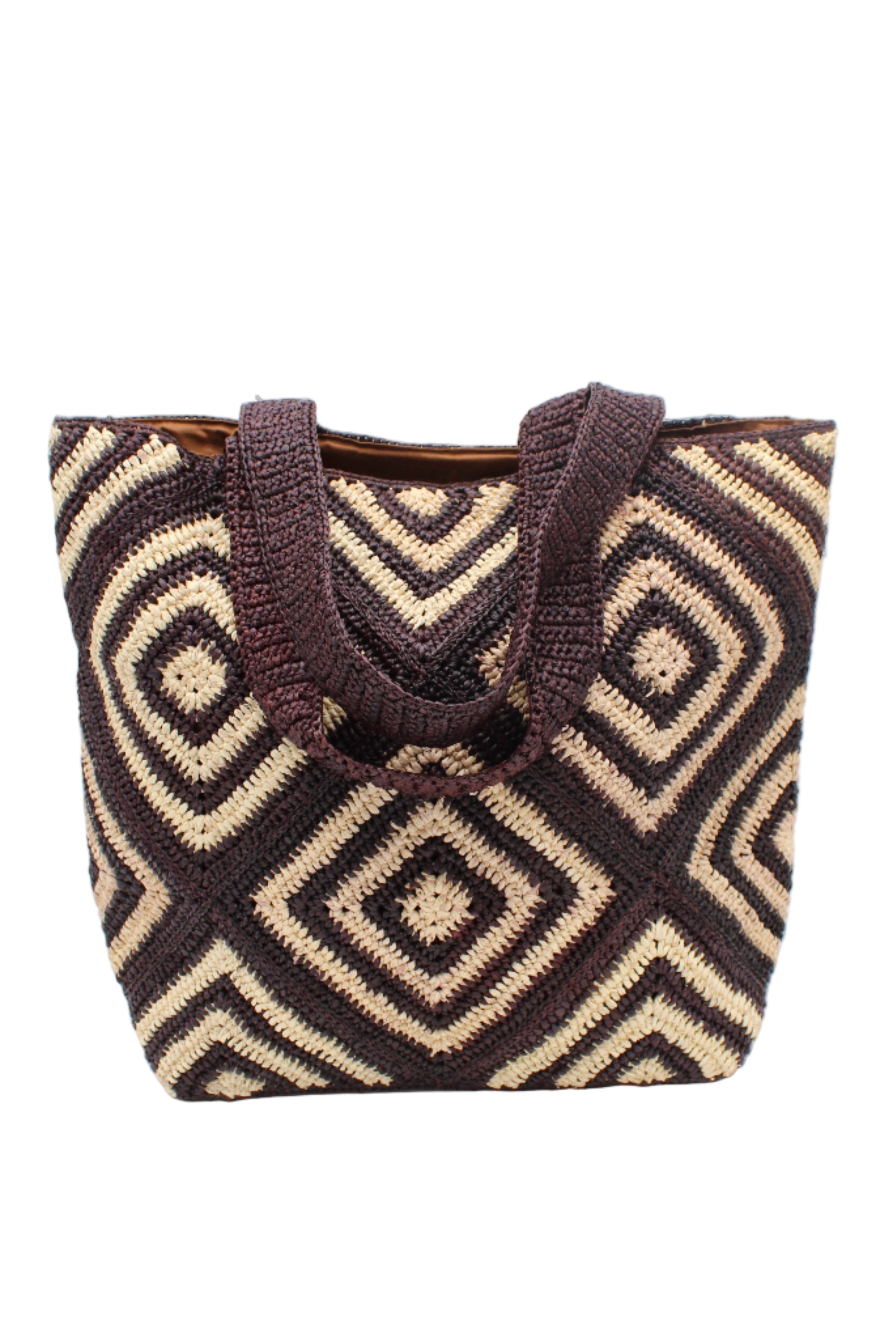 Seychelle Espresso and Natural Diamond Pattern Crochet Straw Basket Handbag handmade natural raffia palm fiber in a two tone multicolor geometric diamond pattern with alternating Espresso chocolate/dark/brown and natural straw colored diamonds that make a diagonal bullseye pattern with matching crochet handles beach bag tote purse - Shebobo