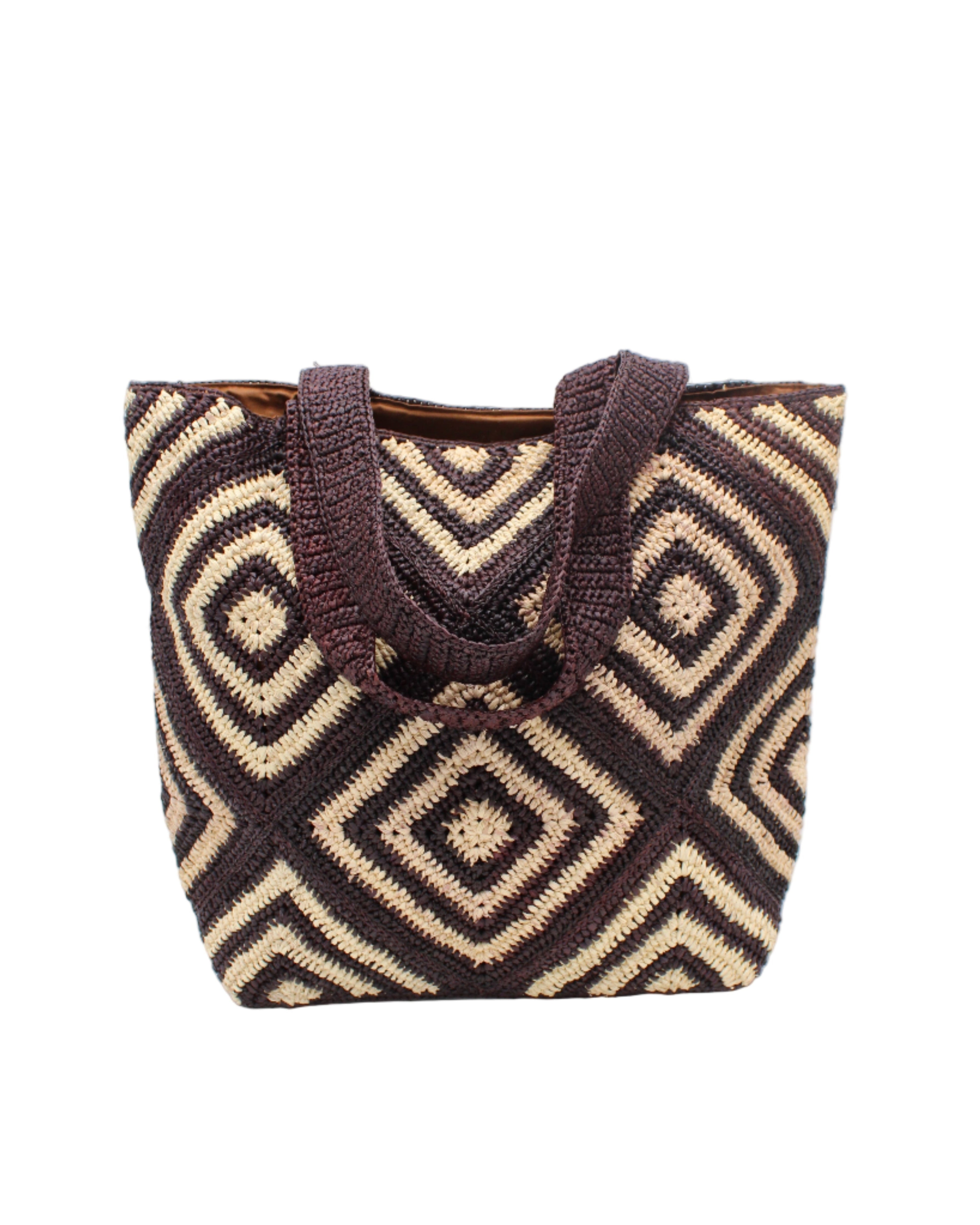 Seychelle Espresso and Natural Diamond Pattern Crochet Straw Basket Handbag handmade natural raffia palm fiber in a two tone multicolor geometric diamond pattern with alternating Espresso chocolate/dark/brown and natural straw colored diamonds that make a diagonal bullseye pattern with matching crochet handles beach bag tote purse - Shebobo