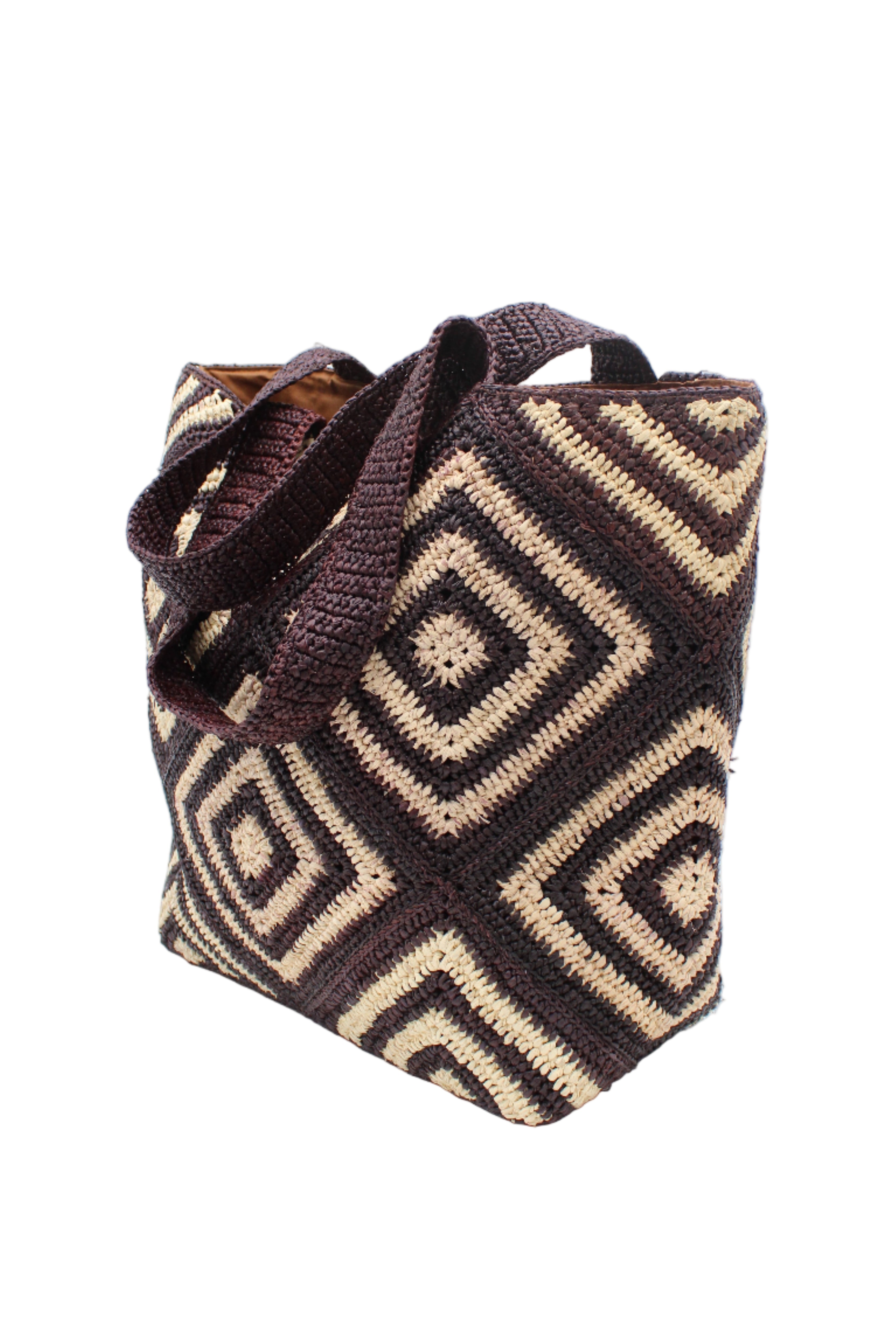 Side view Seychelle Mocha and Natural Diamond Pattern Crochet Straw Basket Handbag handmade natural raffia palm fiber in a two tone multicolor geometric diamond pattern with alternating Mocha chocolate/dark/brown and natural straw colored diamonds that make a diagonal bullseye pattern with matching crochet handles beach bag tote purse - Shebobo