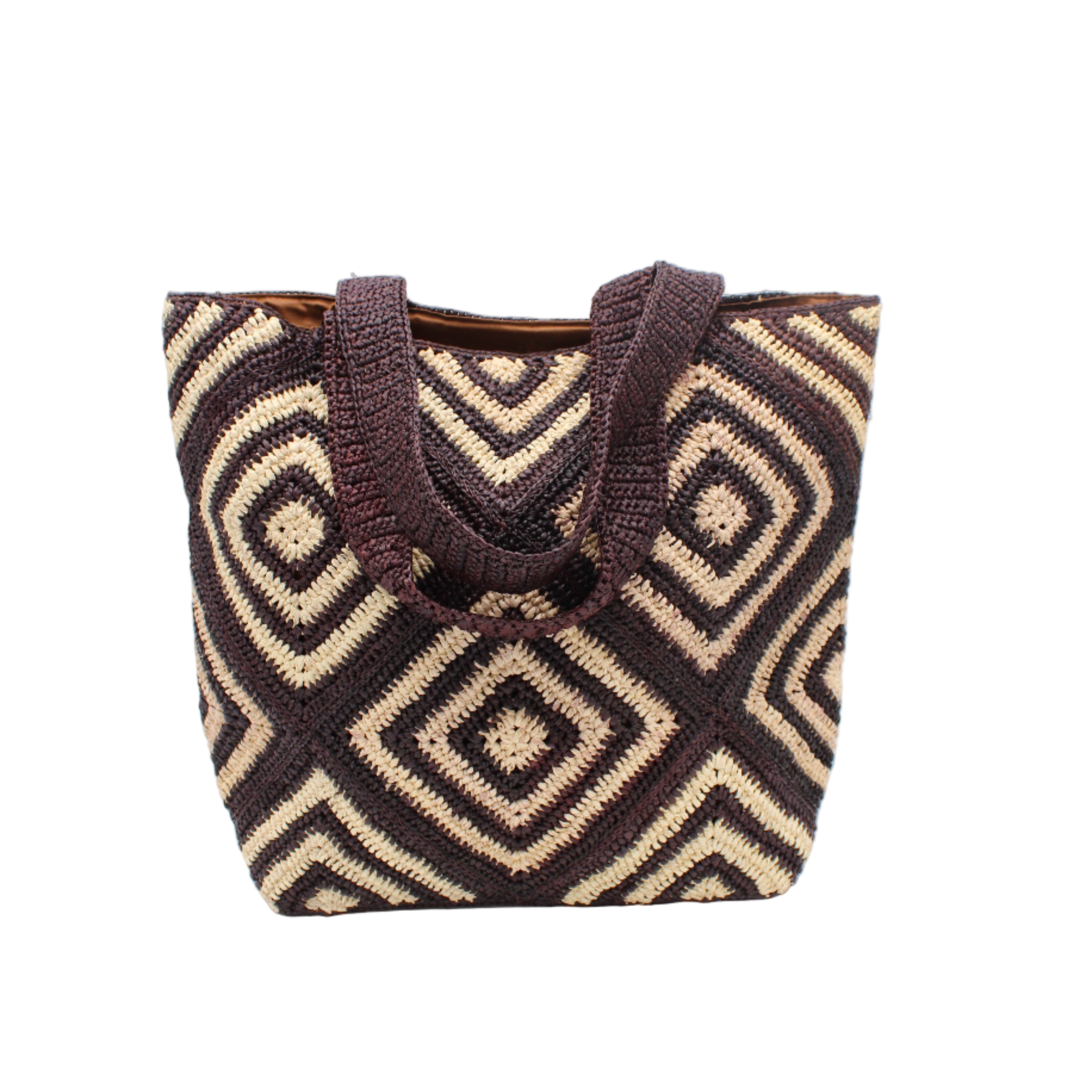 Seychelle Mocha and Natural Diamond Pattern Crochet Straw Basket Handbag handmade natural raffia palm fiber in a two tone multicolor geometric diamond pattern with aternating Mocha chocolate/dark/brown and natural straw colored diamonds that make a diagonal bullseye pattern with matching crochet handles beach bag tote purse - Shebobo