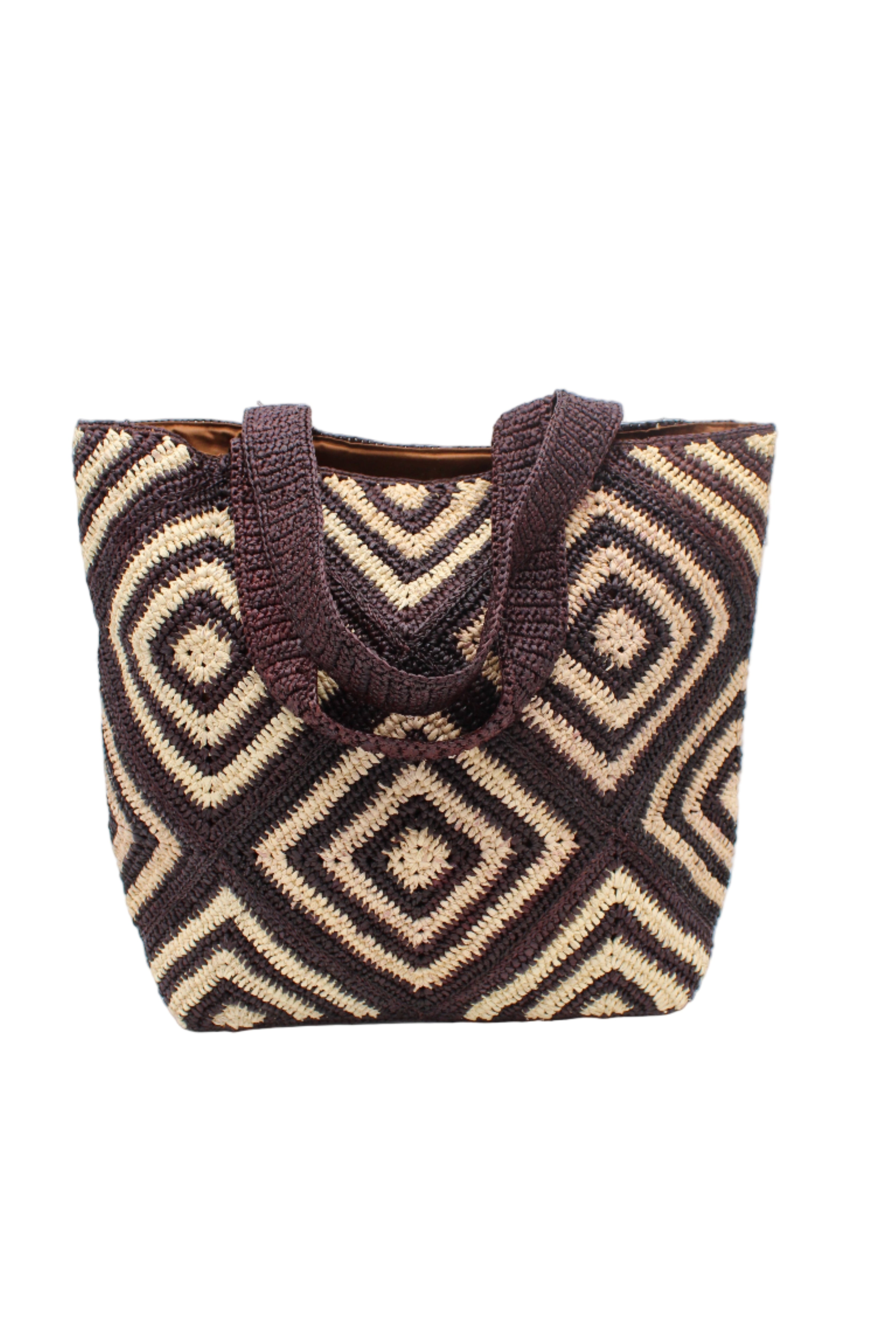 Seychelle Mocha and Natural Diamond Pattern Crochet Straw Basket Handbag handmade natural raffia palm fiber in a two tone multicolor geometric diamond pattern with aternating Mocha chocolate/dark/brown and natural straw colored diamonds that make a diagonal bullseye pattern with matching crochet handles beach bag tote purse - Shebobo
