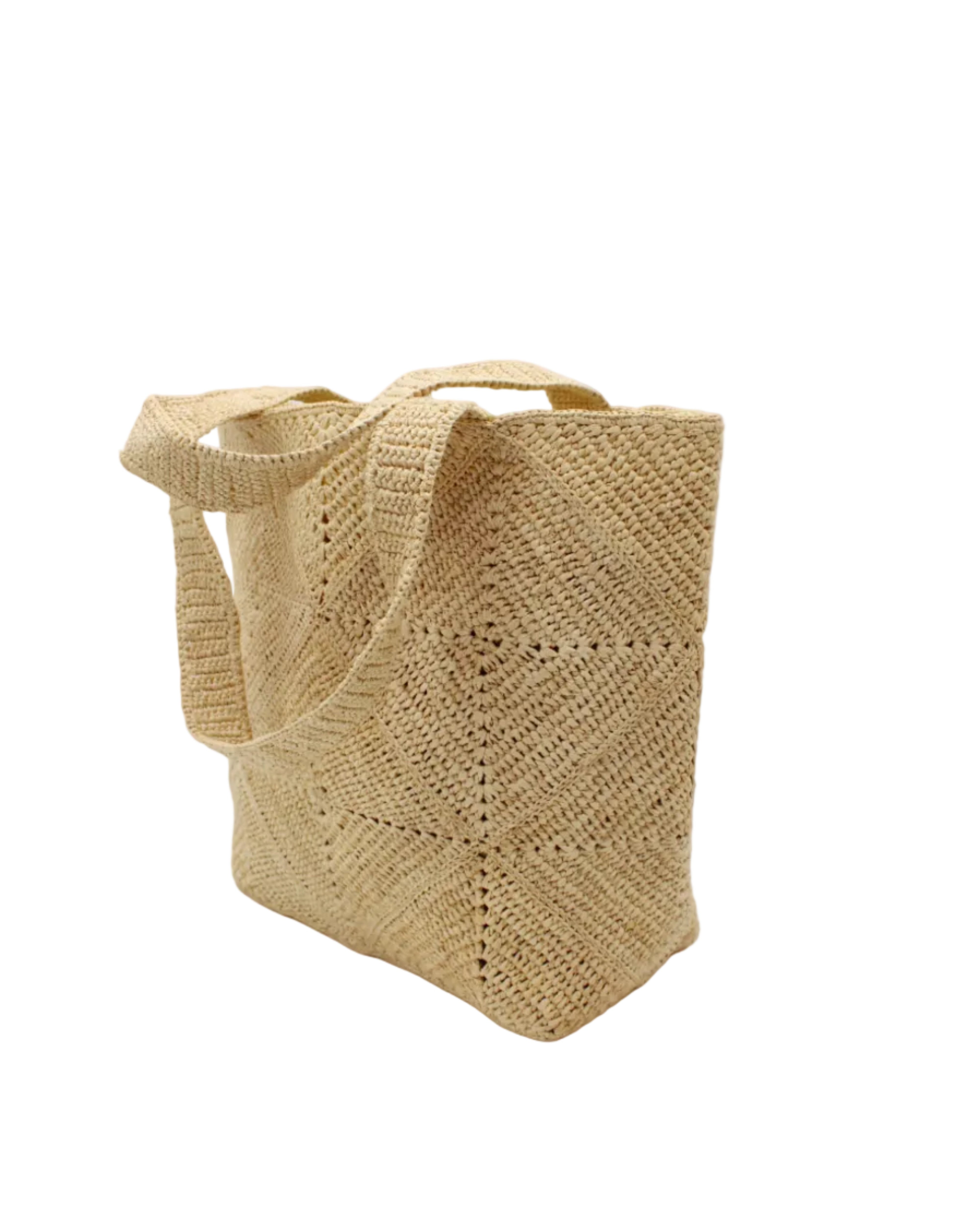 Side view Seychelle Natural Diamond Pattern Crochet Straw Basket Handbag handmade natural raffia palm fiber in a solid hue of natural straw color with subtle geometric diamond diagonal pattern with matching crochet handles beach bag tote purse - Shebobo
