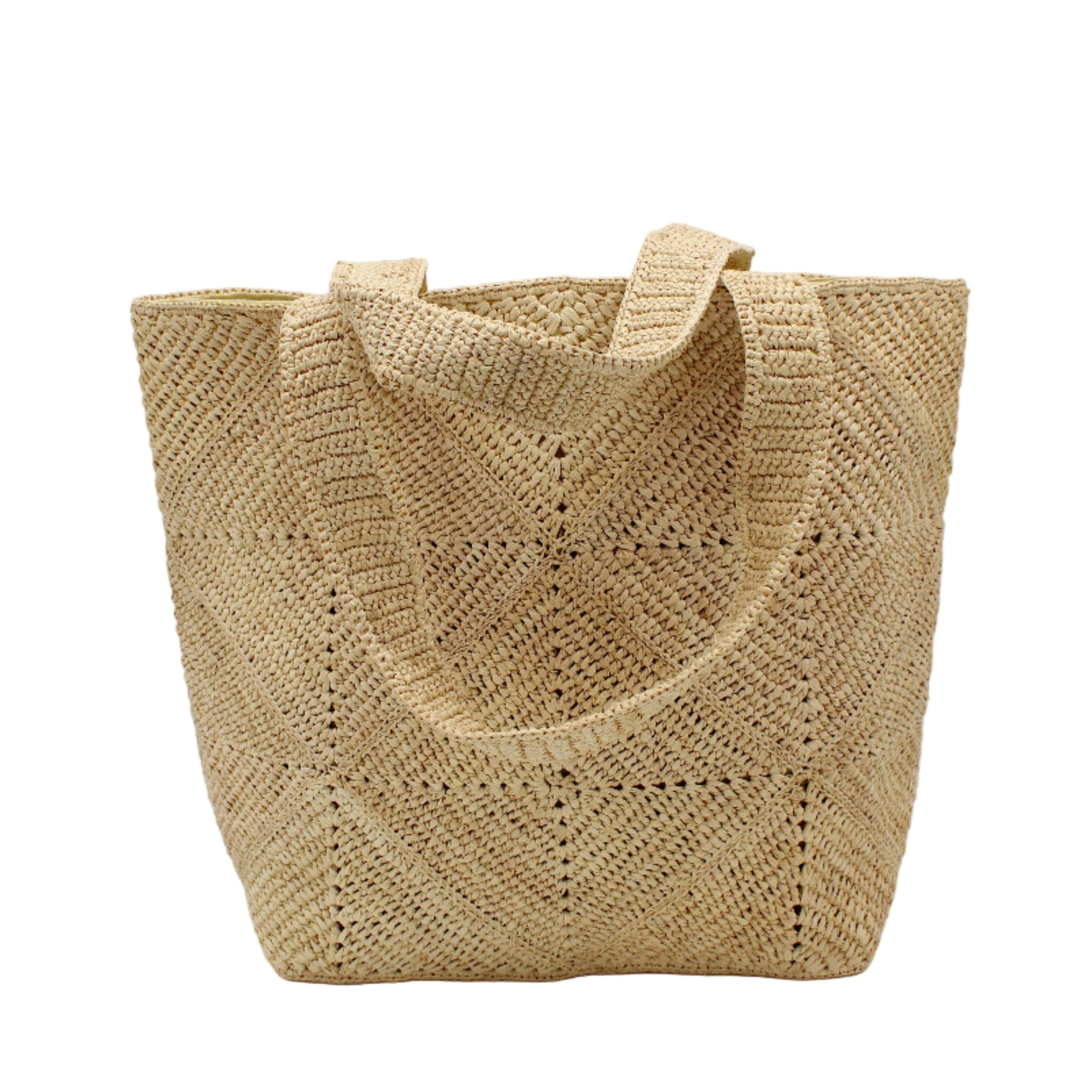 Seychelle Natural Diamond Pattern Crochet Straw Basket Handbag handmade natural raffia palm fiber in a solid hue of natural straw color with subtle geometric diamond diagonal pattern with matching crochet handles beach bag tote purse - Shebobo