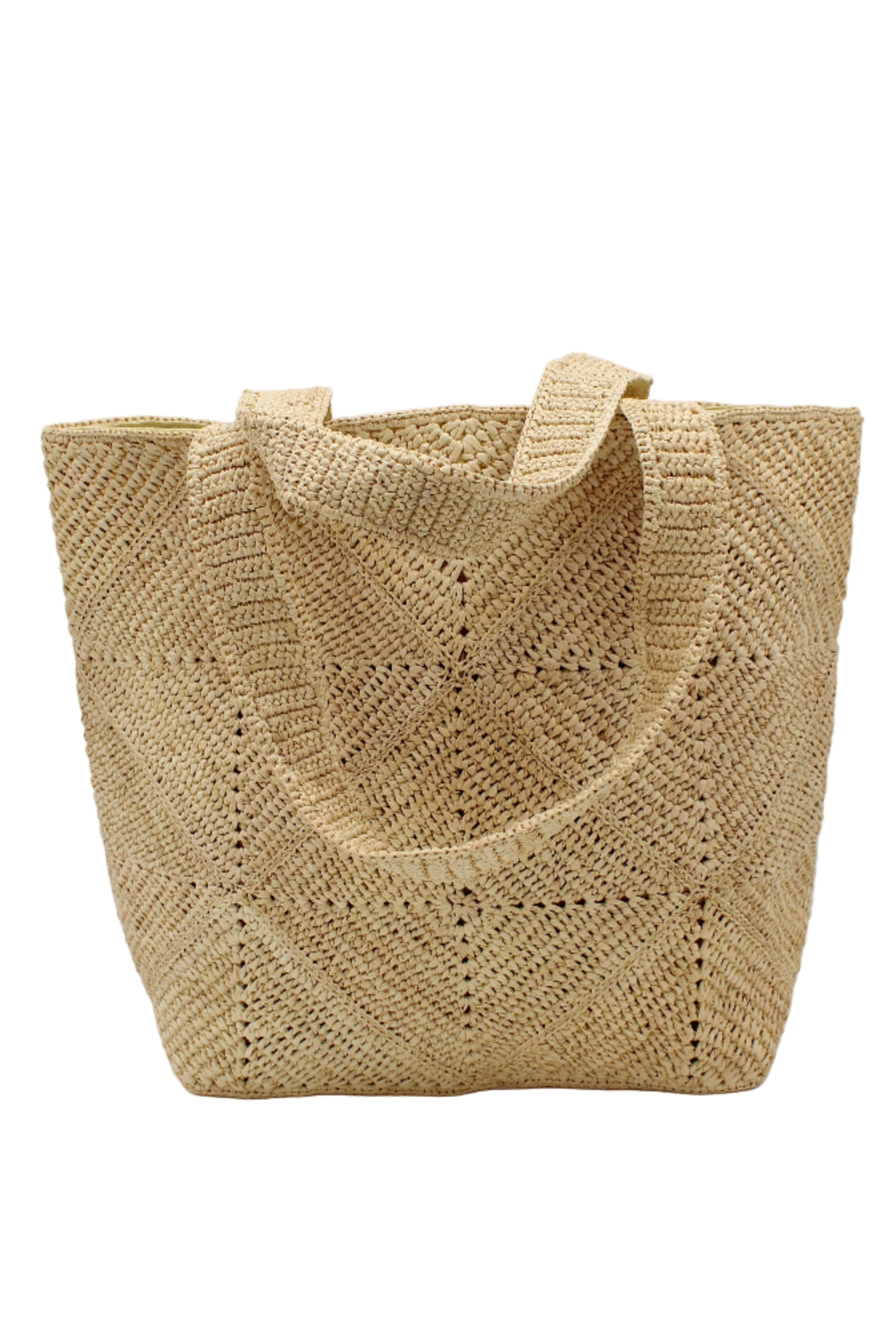Seychelle Natural Diamond Pattern Crochet Straw Basket Handbag handmade natural raffia palm fiber in a solid hue of natural straw color with subtle geometric diamond diagonal pattern with matching crochet handles beach bag tote purse - Shebobo