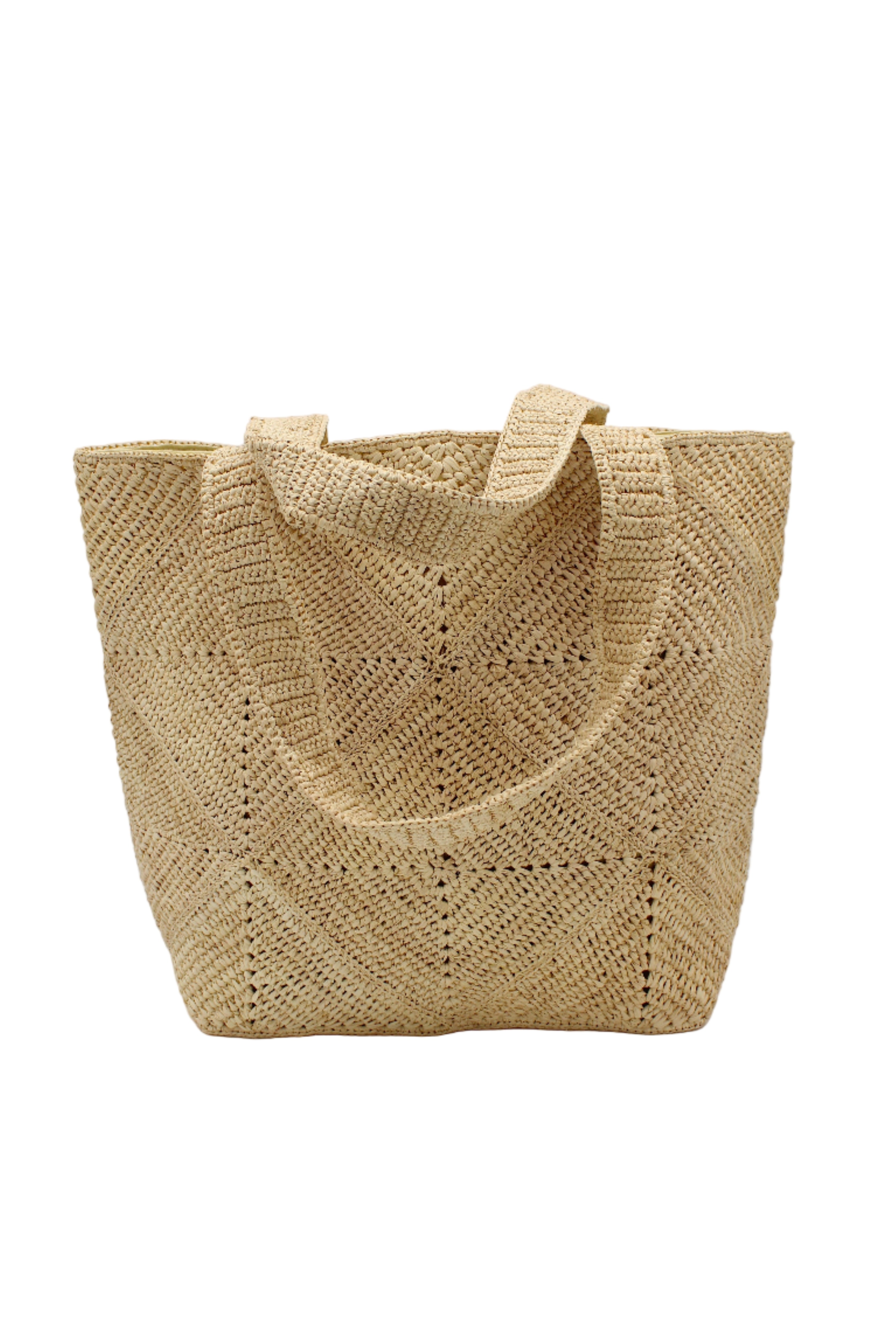 Seychelle Natural Diamond Pattern Crochet Straw Basket Handbag handmade natural raffia palm fiber in a solid hue of natural straw color with subtle geometric diamond diagonal pattern with matching crochet handles beach bag tote purse - Shebobo