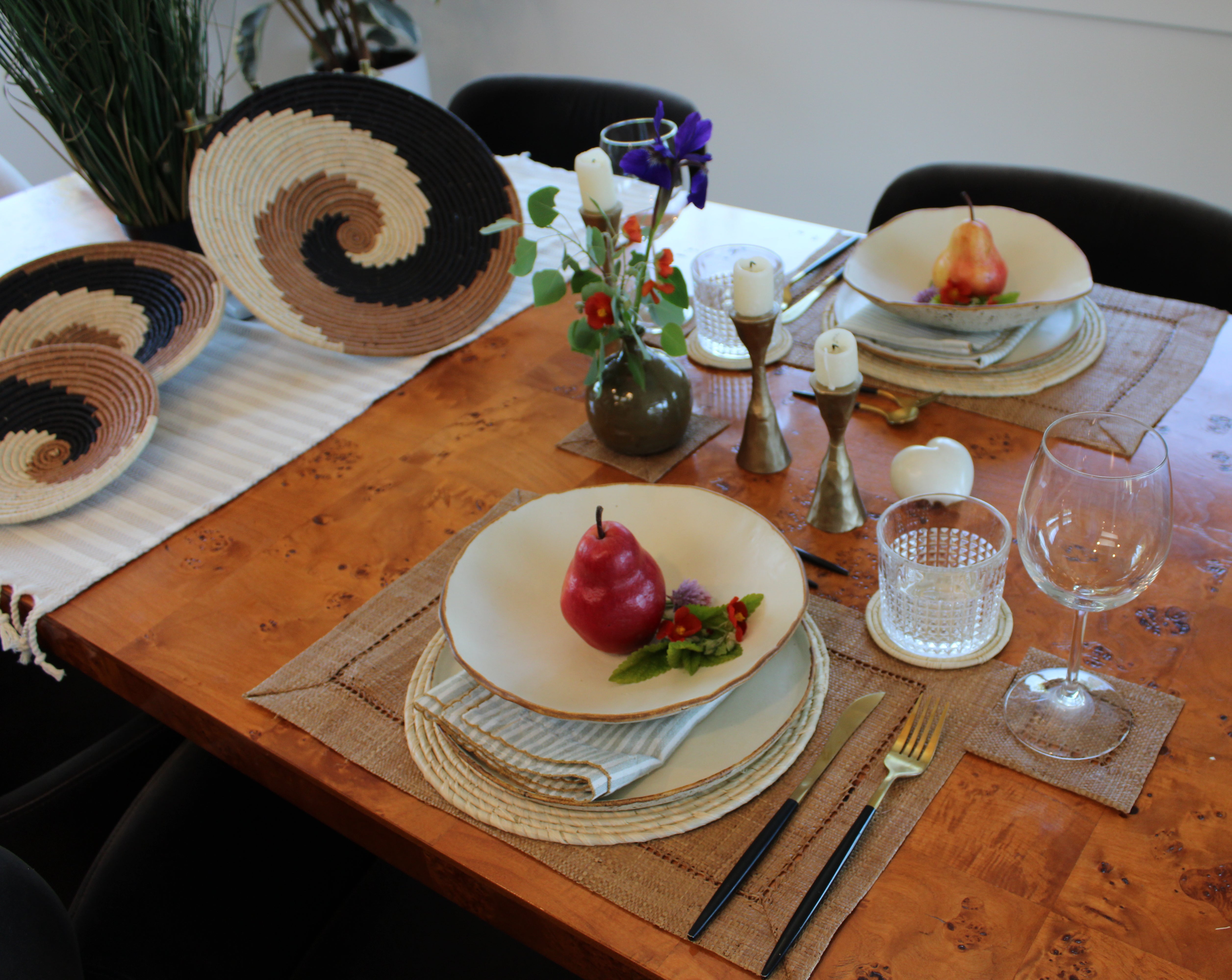 Table setting lifestyle home decor Dabu Round Two Tone Swirl Raffia Straw Coasters & Placemats Set of 6 handmade natural raffia palm fiber in a crochet loop disc technique creating concentric circular stripe pattern of texture in a solid hue of natural straw color with matching knotted spiral swirl weave sets of six placemats or coasters - Shebobo (with Dakarai Raffia Straw Wall Decor Display Basket Trays: Set of 3)