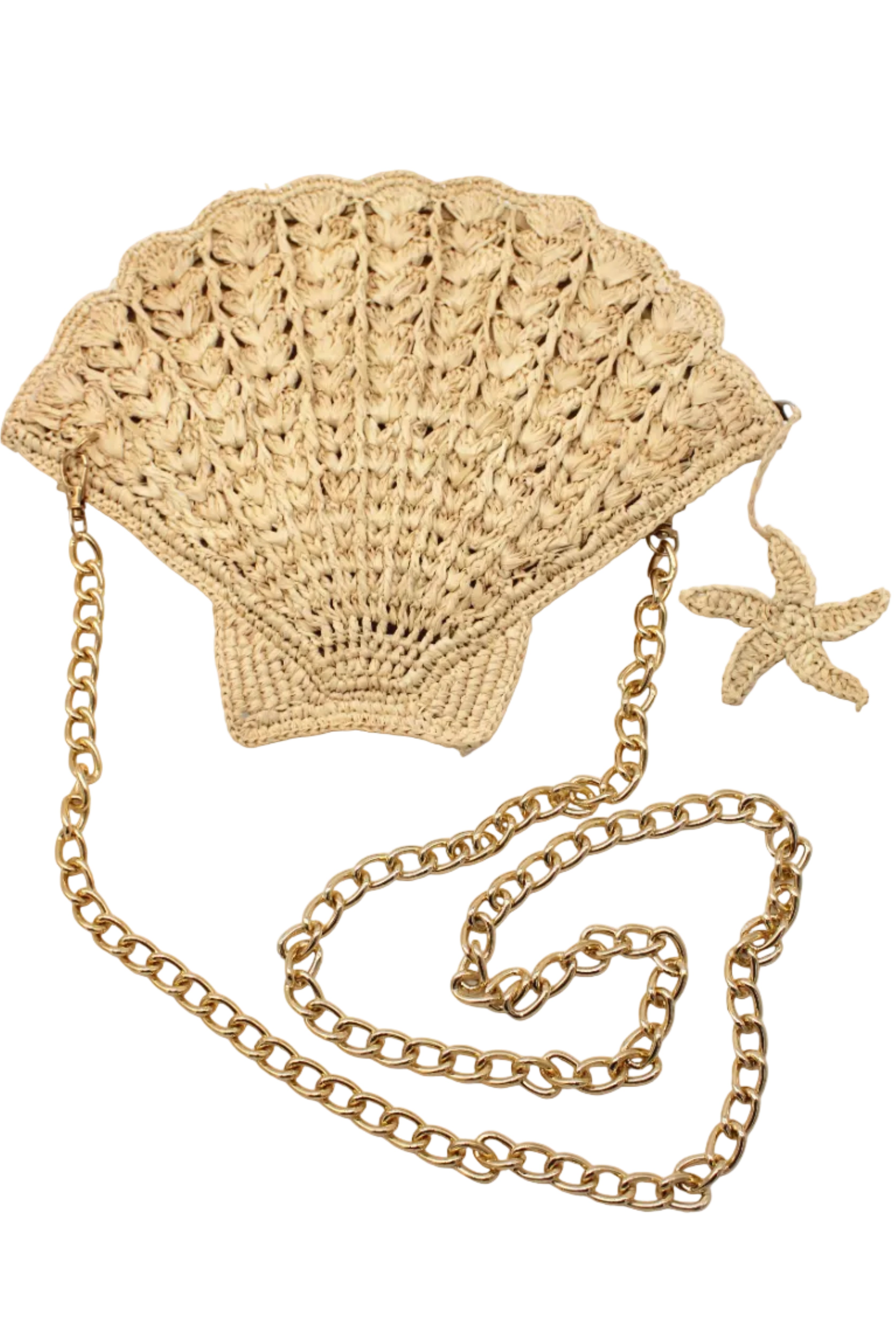 Shelly Seashell Crochet Straw Crossbody Bag handmade natural raffia palm fiber in a solid hue of natural straw color crochet into the shape of a seashell with detailed texture representing the shell shape with metal chain crossbody strap and natural small starfish zipper pull charm embellishment purse beach bag - Shebobo