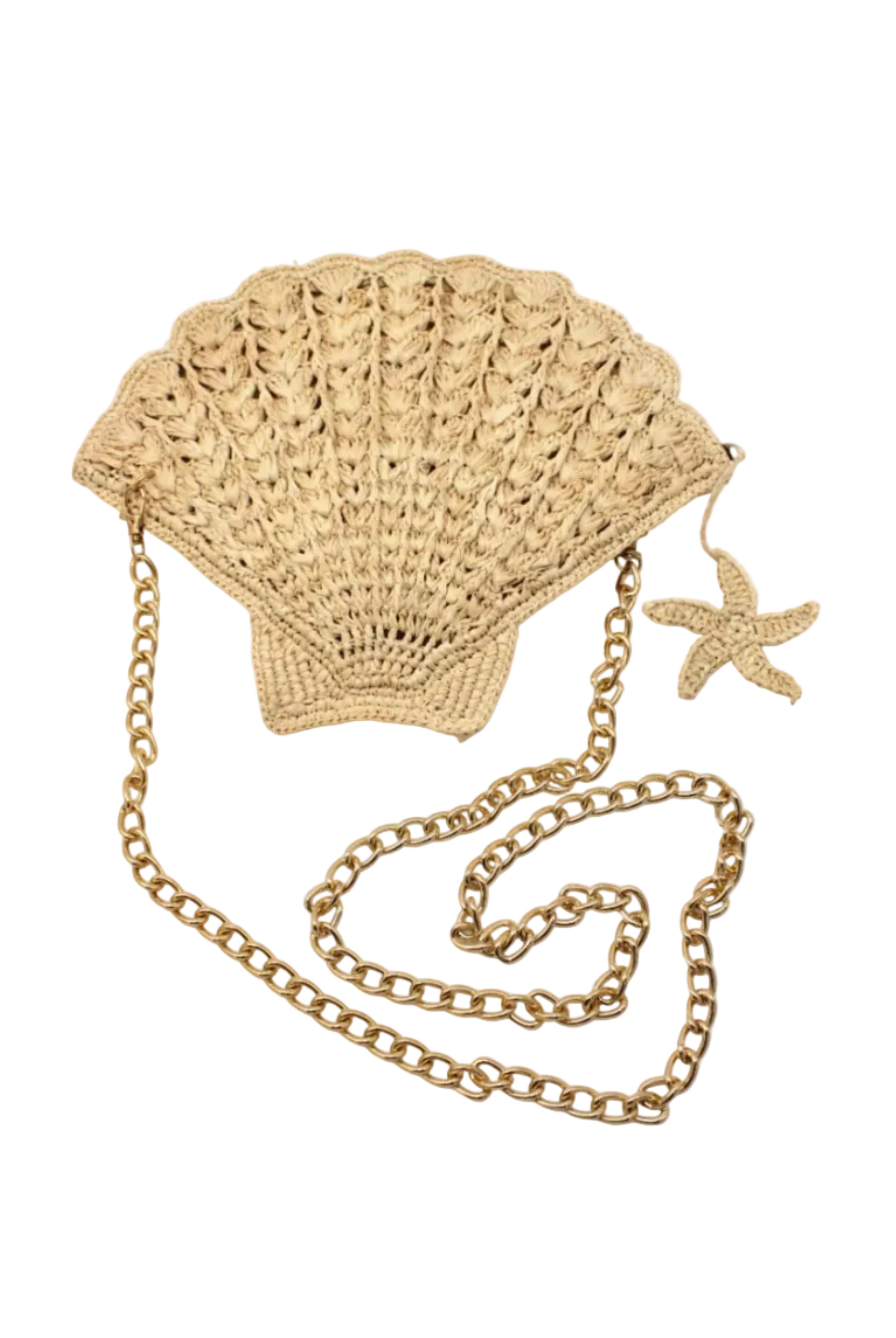 Shelly Seashell Crochet Straw Crossbody Bag handmade natural raffia palm fiber in a solid hue of natural straw color crochet into the shape of a seashell with detailed texture representing the shell shape with metal chain crossbody strap and natural small starfish zipper pull charm embellishment purse beach bag - Shebobo