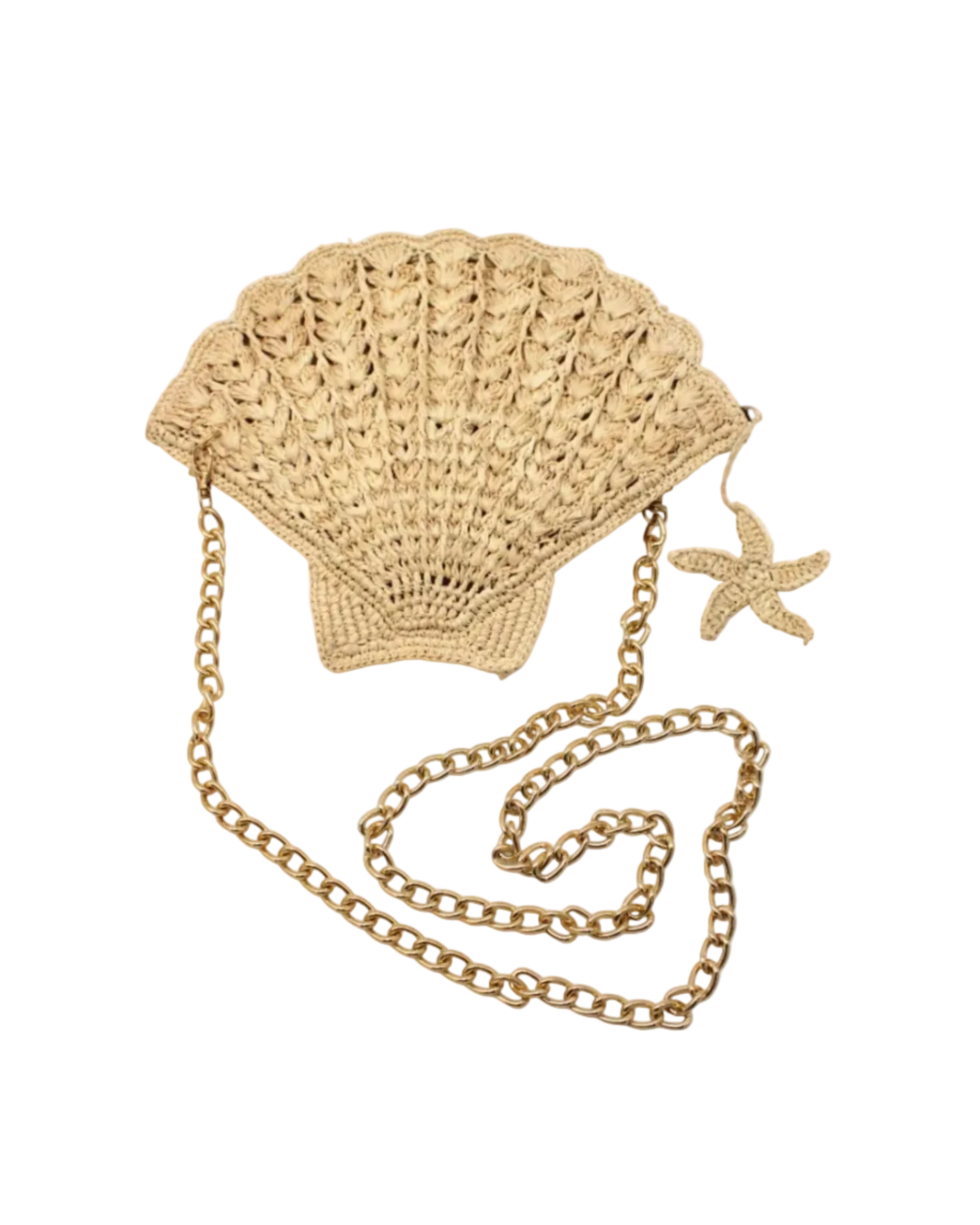Shelly Seashell Crochet Straw Crossbody Bag handmade natural raffia palm fiber in a solid hue of natural straw color crochet into the shape of a seashell with detailed texture representing the shell shape with metal chain crossbody strap and natural small starfish zipper pull charm embellishment purse beach bag - Shebobo