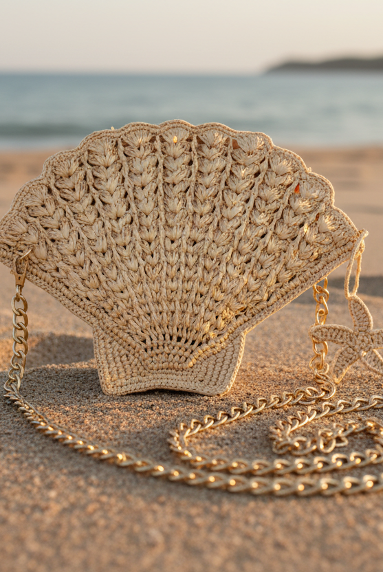 Lifestyle view Shelly Seashell Crochet Straw Crossbody Bag handmade natural raffia palm fiber in a solid hue of natural straw color crochet into the shape of a seashell with detailed texture representing the shell shape with metal chain crossbody strap and natural small starfish zipper pull charm embellishment purse beach bag - Shebobo
