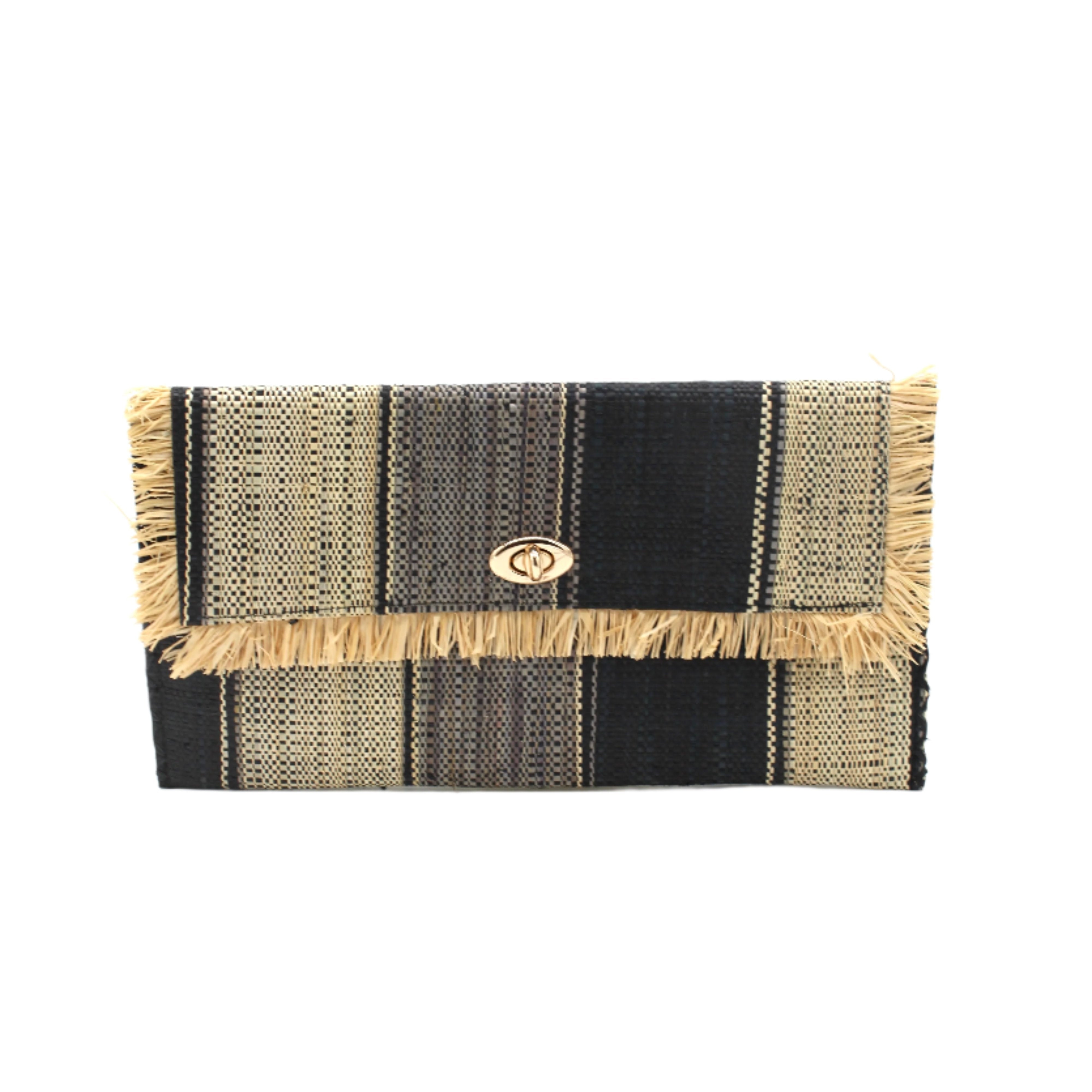 Sophie Black Swirl Multicolor Stripes Straw Clutch handmade loomed raffia purse handbag in muti-width vertical bands of grey, natural straw color, and black with matching cross stitch edging and natural straw color raw fringe edge envelope shaped bag - Shebobo