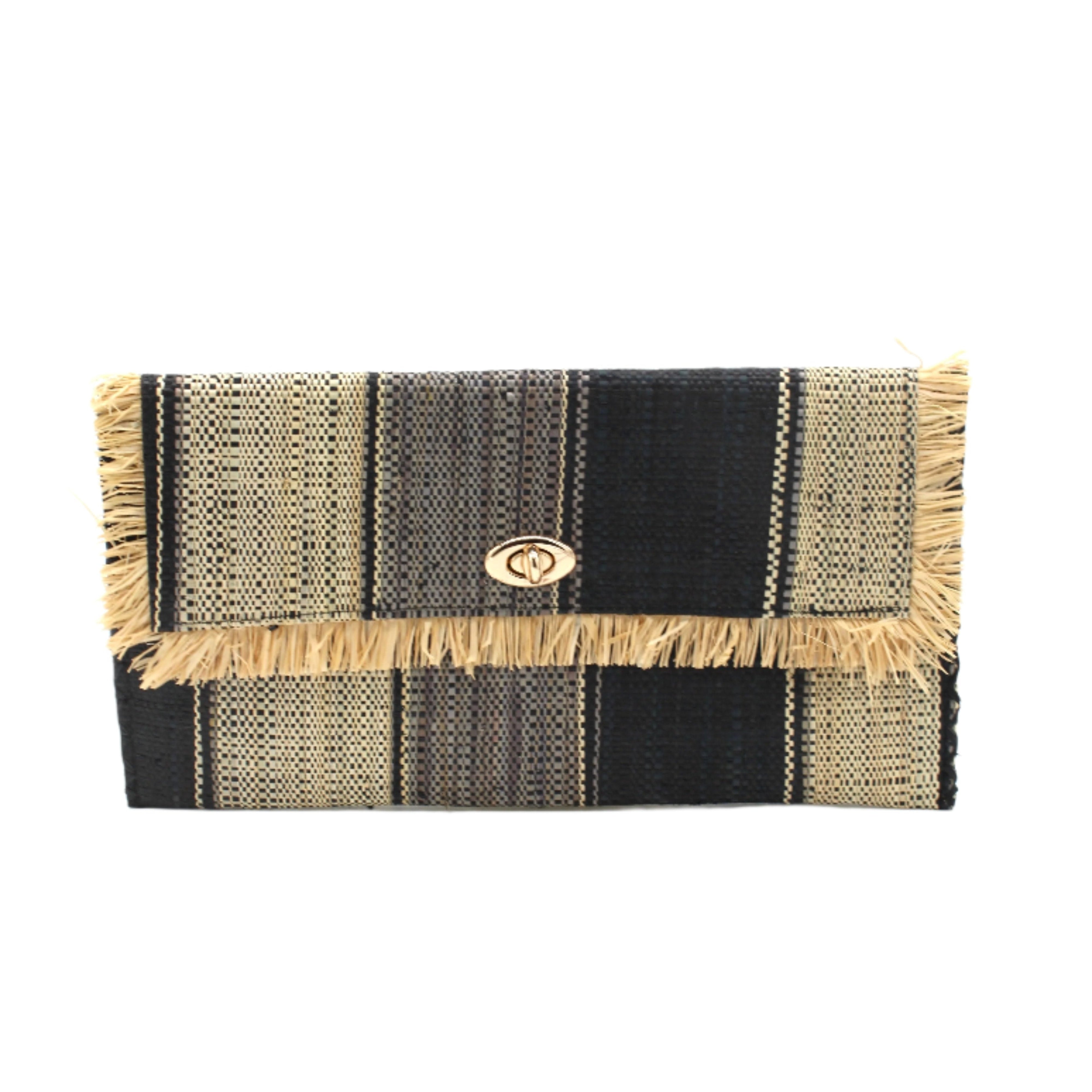 Sophie Black Swirl Multicolor Stripes Straw Clutch handmade loomed raffia purse handbag in muti-width vertical bands of grey, natural straw color, and black with matching cross stitch edging and natural straw color raw fringe edge envelope shaped bag - Shebobo