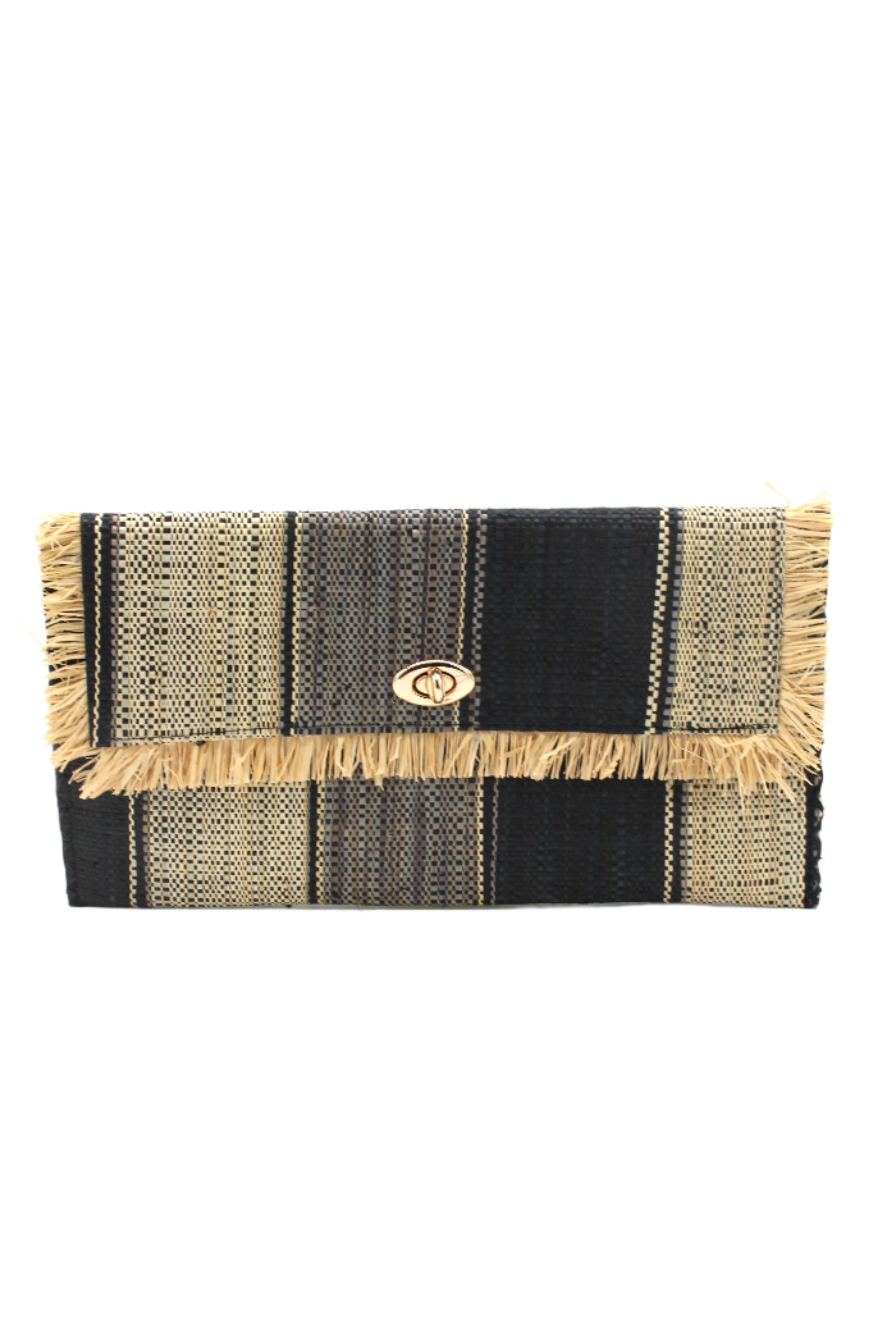 Sophie Black Swirl Multicolor Stripes Straw Clutch handmade loomed raffia purse handbag in muti-width vertical bands of grey, natural straw color, and black with matching cross stitch edging and natural straw color raw fringe edge envelope shaped bag - Shebobo