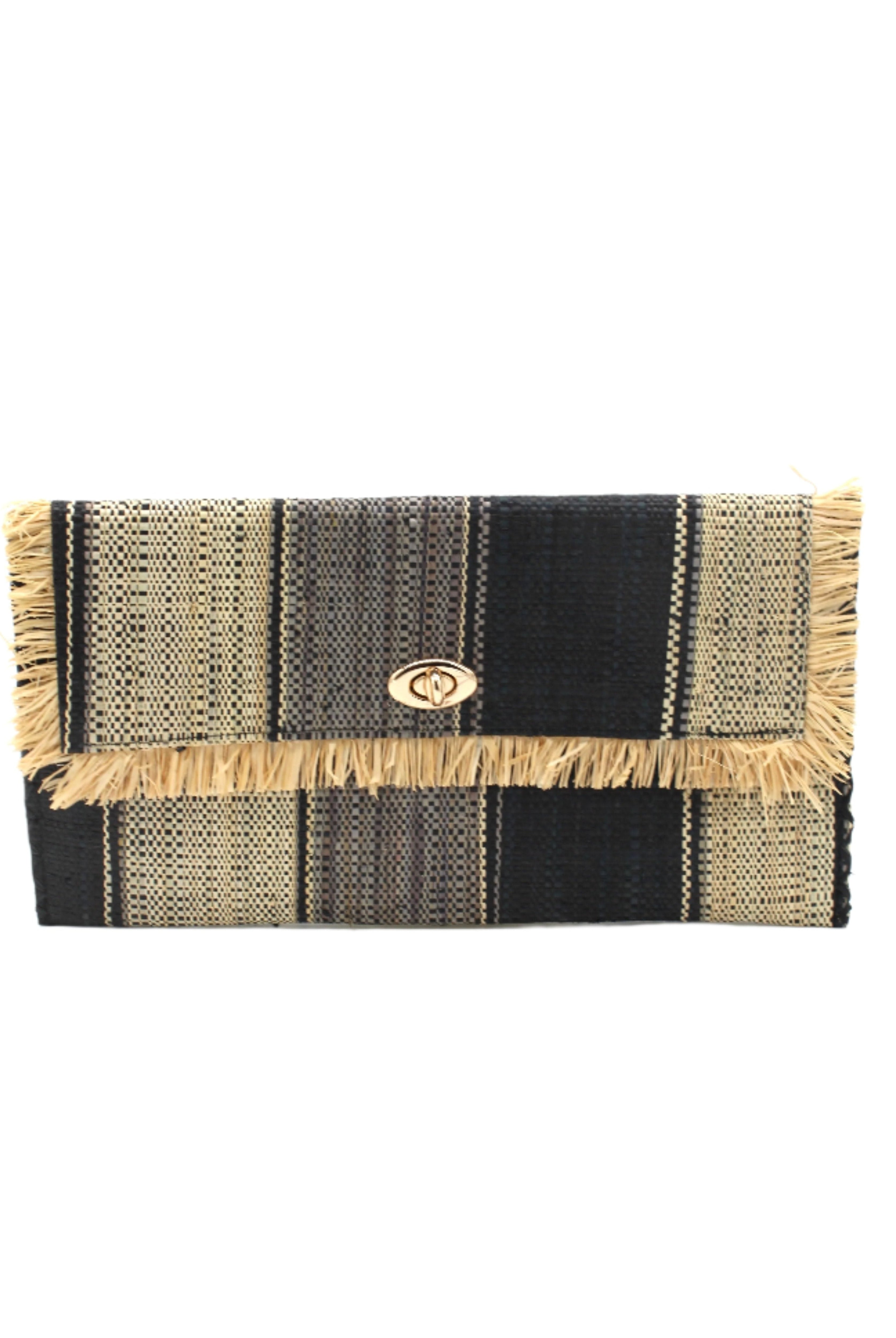 Sophie Black Swirl Multicolor Stripes Straw Clutch handmade loomed raffia purse handbag in muti-width vertical bands of grey, natural straw color, and black with matching cross stitch edging and natural straw color raw fringe edge envelope shaped bag - Shebobo