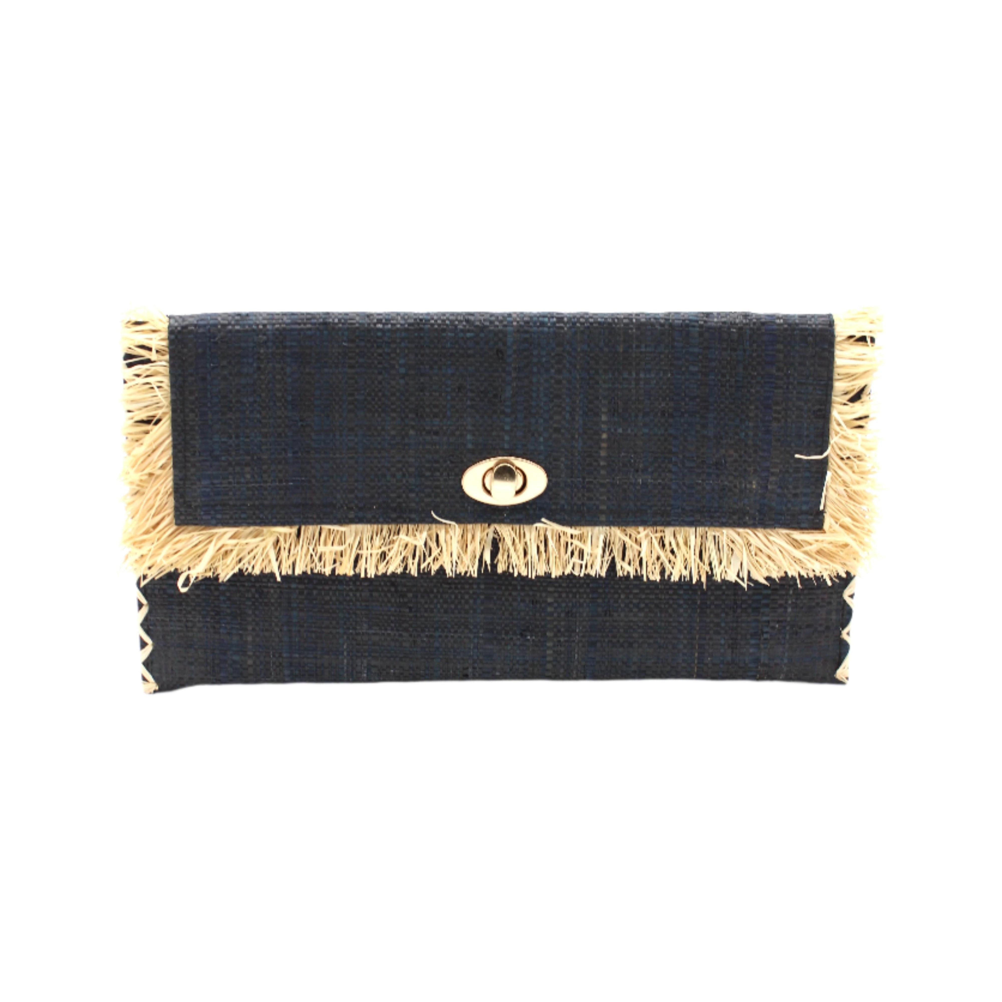 Sophie Black Straw Clutch with Raw Fringe Edge handmade loomed black raffia purse with contrasting natural straw color fringe trim edge and matching cross stitch binding handbag - Shebobo