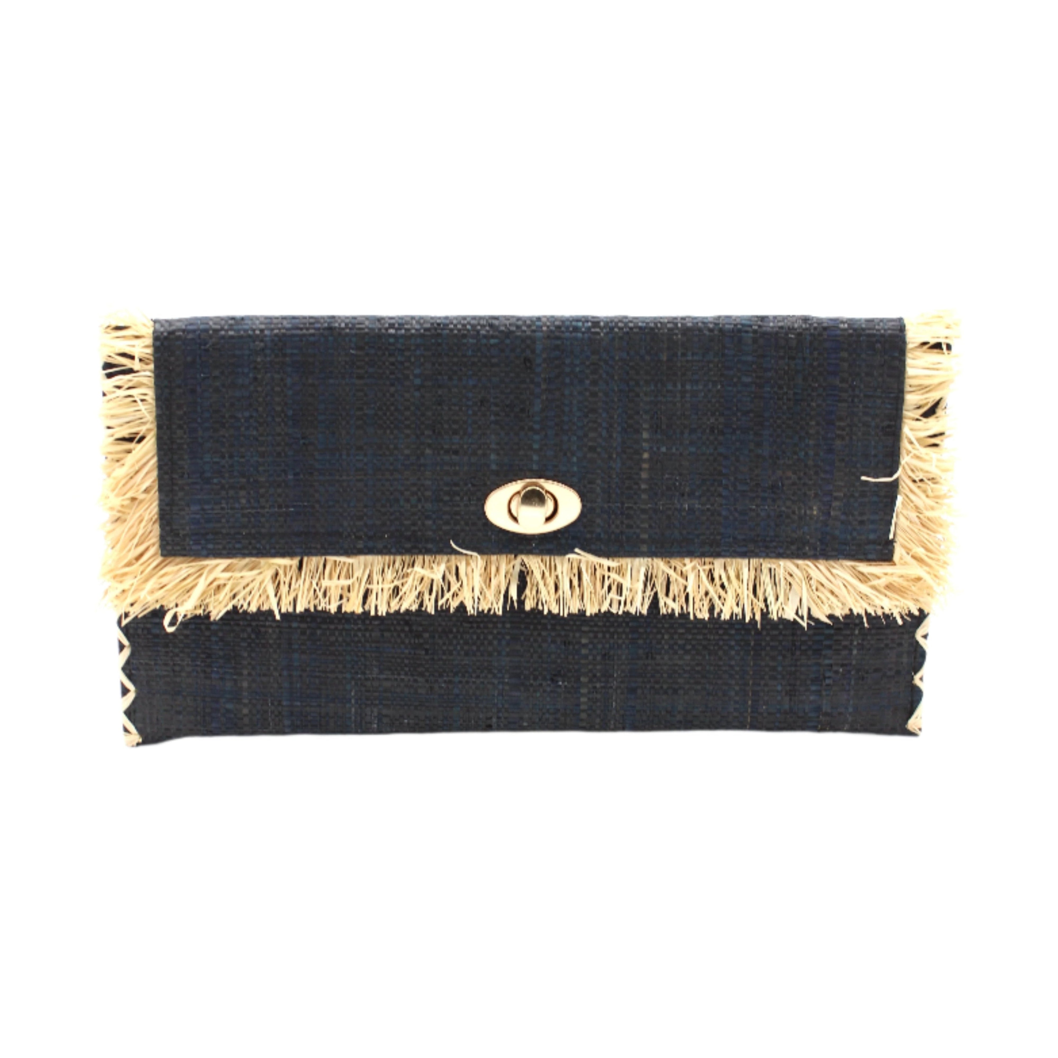 Sophie Black Straw Clutch with Raw Fringe Edge handmade loomed black raffia purse with contrasting natural straw color fringe trim edge and matching cross stitch binding handbag - Shebobo