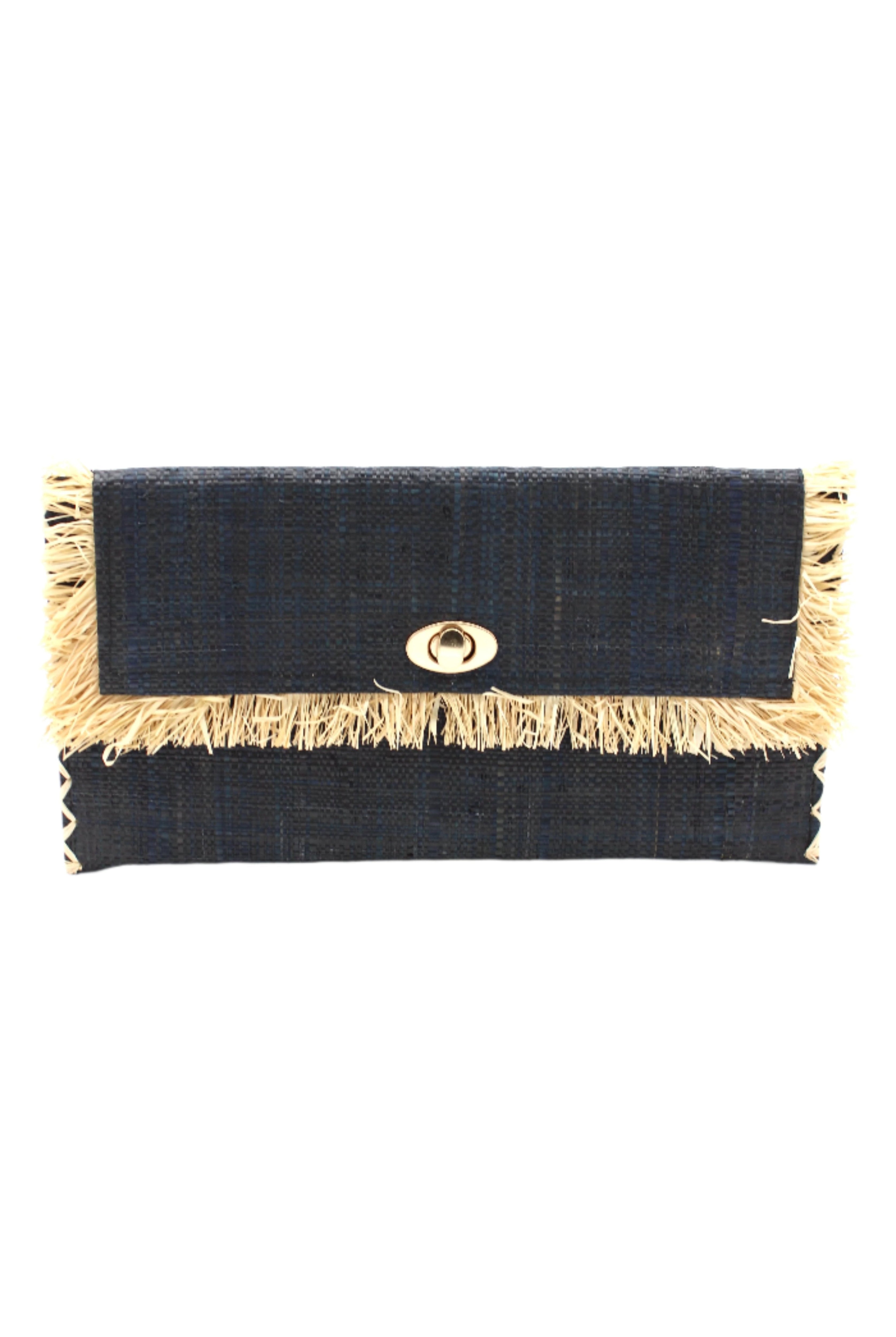 Sophie Black Straw Clutch with Raw Fringe Edge handmade loomed black raffia purse with contrasting natural straw color fringe trim edge and matching cross stitch binding handbag - Shebobo