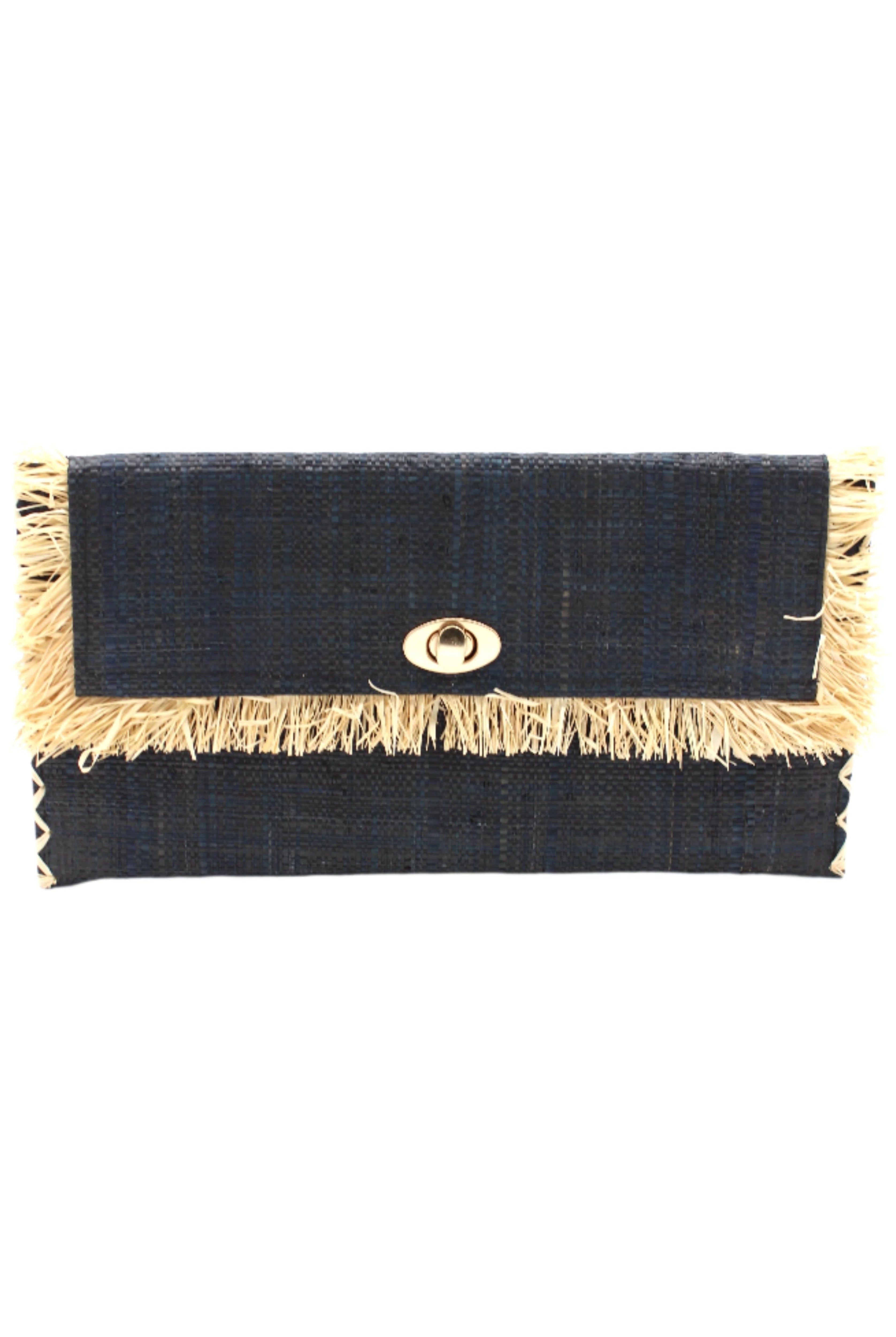 Sophie Black Straw Clutch with Raw Fringe Edge handmade loomed black raffia purse with contrasting natural straw color fringe trim edge and matching cross stitch binding handbag - Shebobo