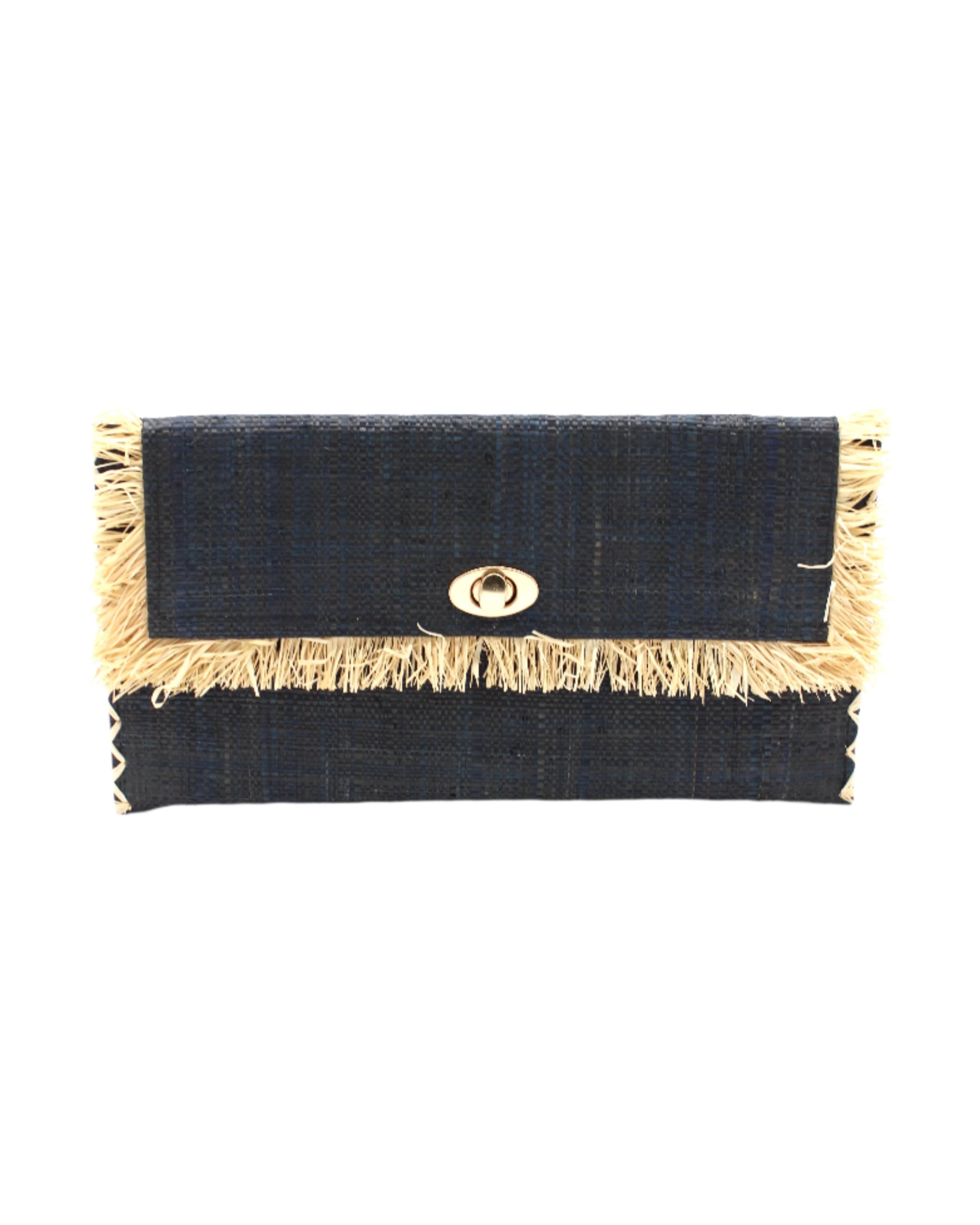 Sophie Black Straw Clutch with Raw Fringe Edge handmade loomed black raffia purse with contrasting natural straw color fringe trim edge and matching cross stitch binding handbag - Shebobo