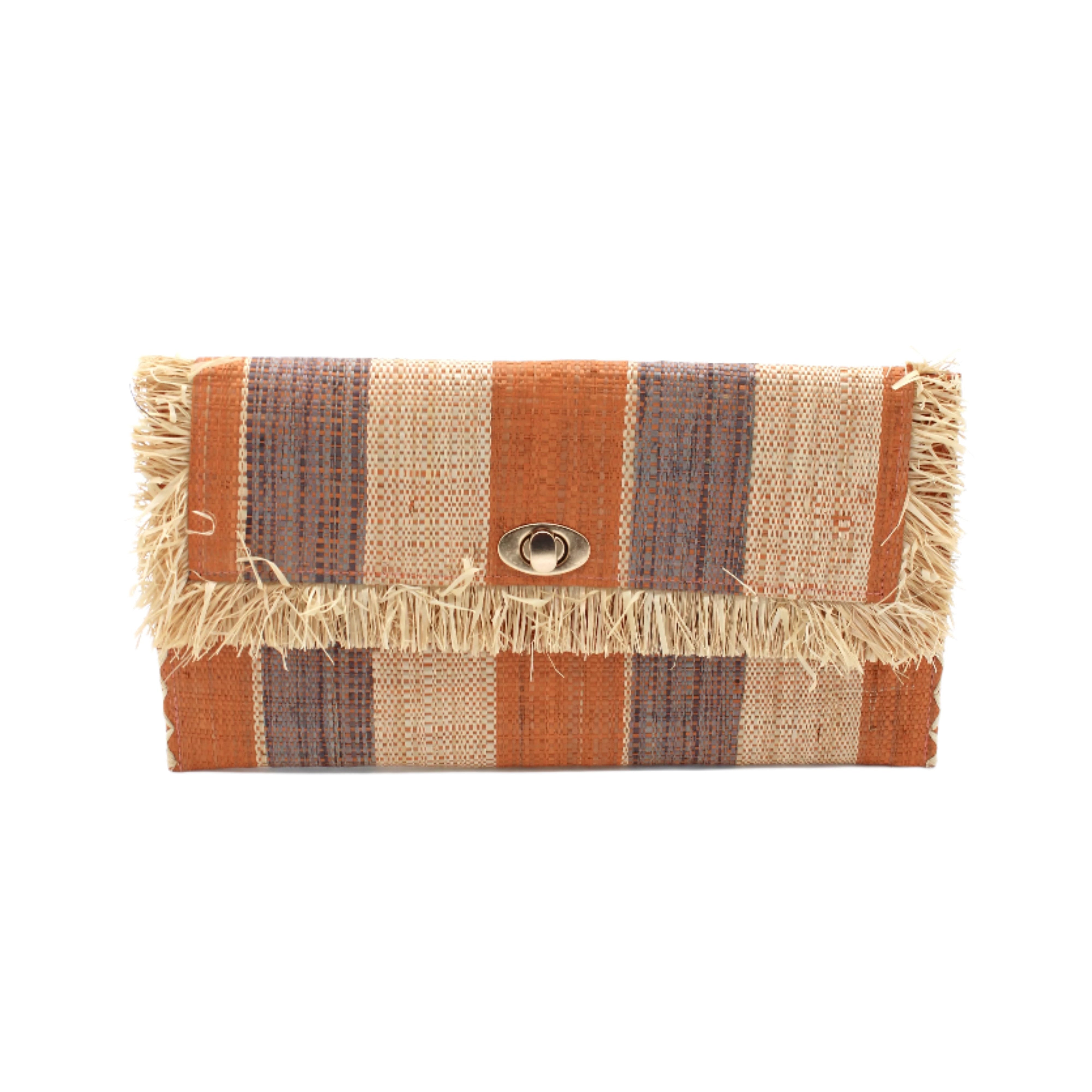 Sophie Blush Swirl Multicolor Stripes Straw Clutch handmade loomed raffia purse handbag in muti-width vertical bands of grey, blush orange/pink, and natural straw color with matching cross stitch edging and natural straw color raw fringe edge envelope shaped bag - Shebobo