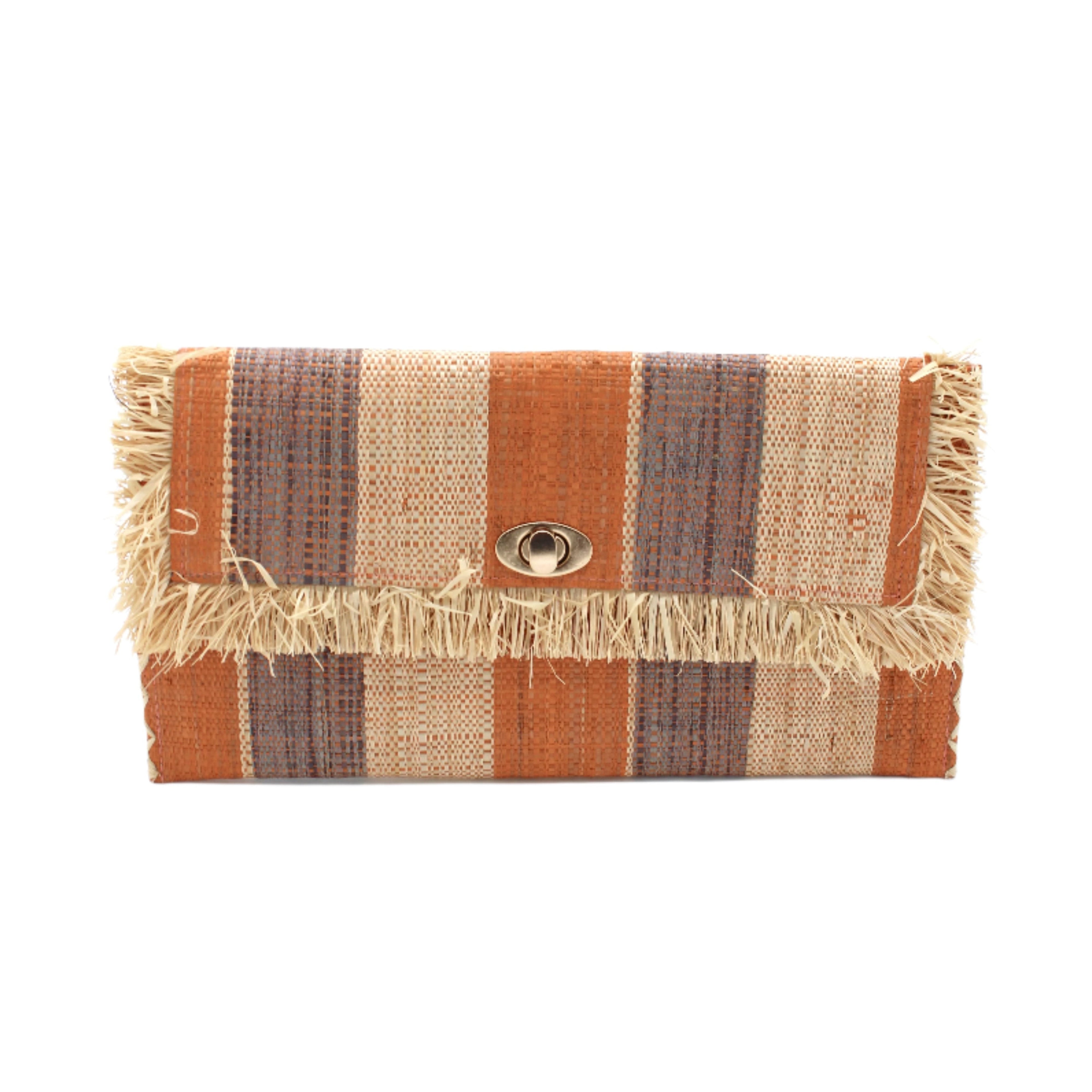 Sophie Blush Swirl Multicolor Stripes Straw Clutch handmade loomed raffia purse handbag in muti-width vertical bands of grey, blush orange/pink, and natural straw color with matching cross stitch edging and natural straw color raw fringe edge envelope shaped bag - Shebobo
