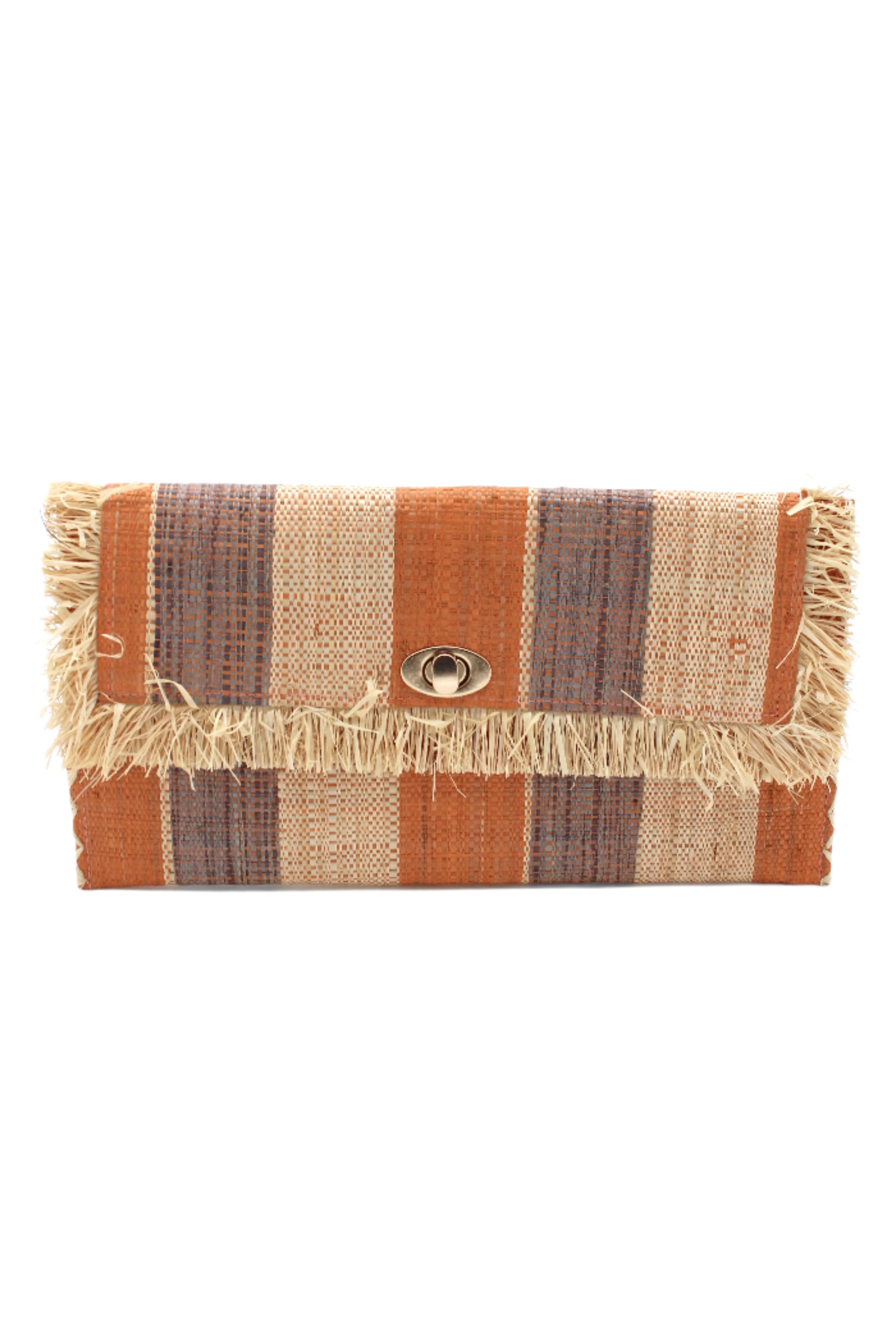 Sophie Blush Swirl Multicolor Stripes Straw Clutch handmade loomed raffia purse handbag in muti-width vertical bands of grey, blush orange/pink, and natural straw color with matching cross stitch edging and natural straw color raw fringe edge envelope shaped bag - Shebobo
