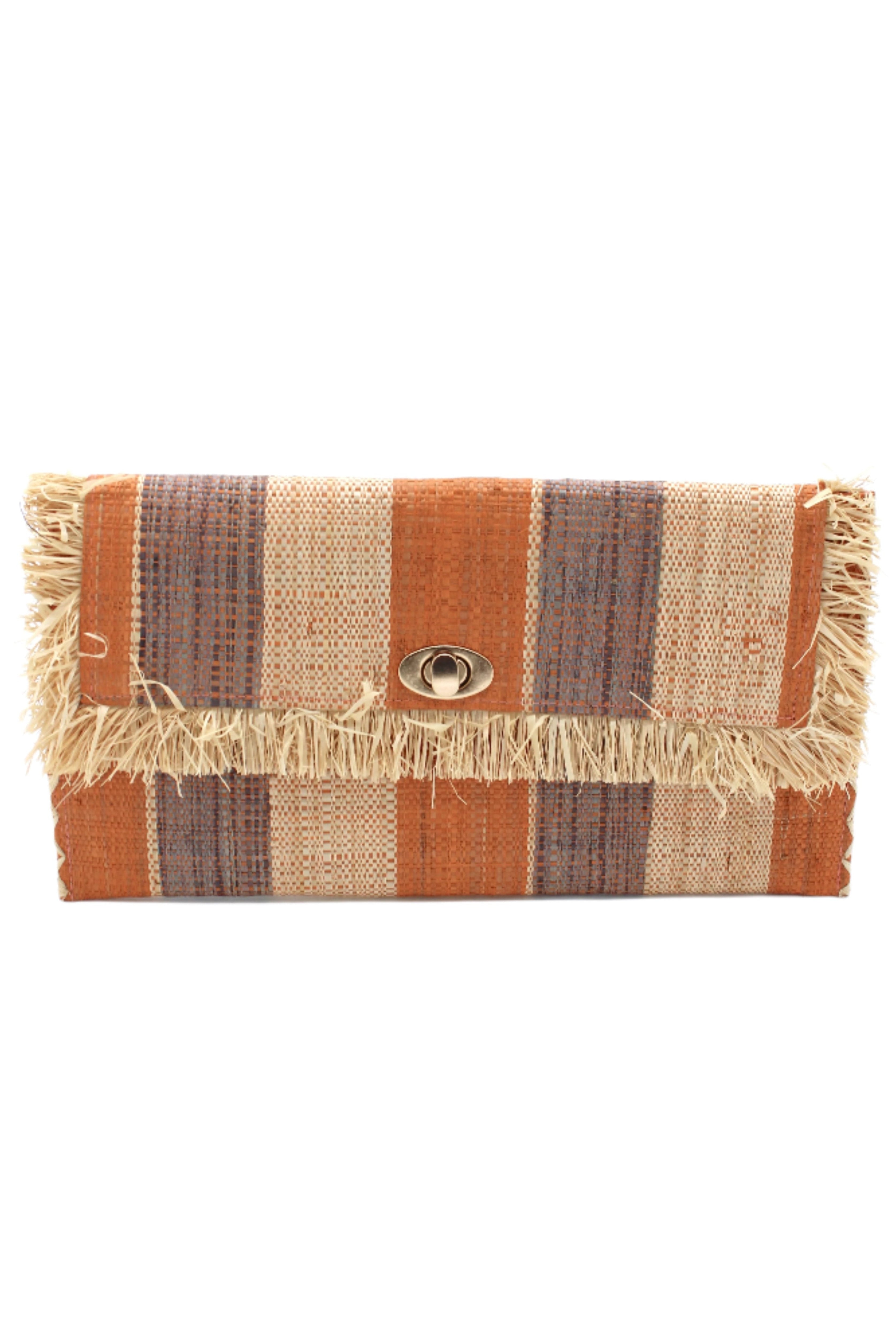 Sophie Blush Swirl Multicolor Stripes Straw Clutch handmade loomed raffia purse handbag in muti-width vertical bands of grey, blush orange/pink, and natural straw color with matching cross stitch edging and natural straw color raw fringe edge envelope shaped bag - Shebobo