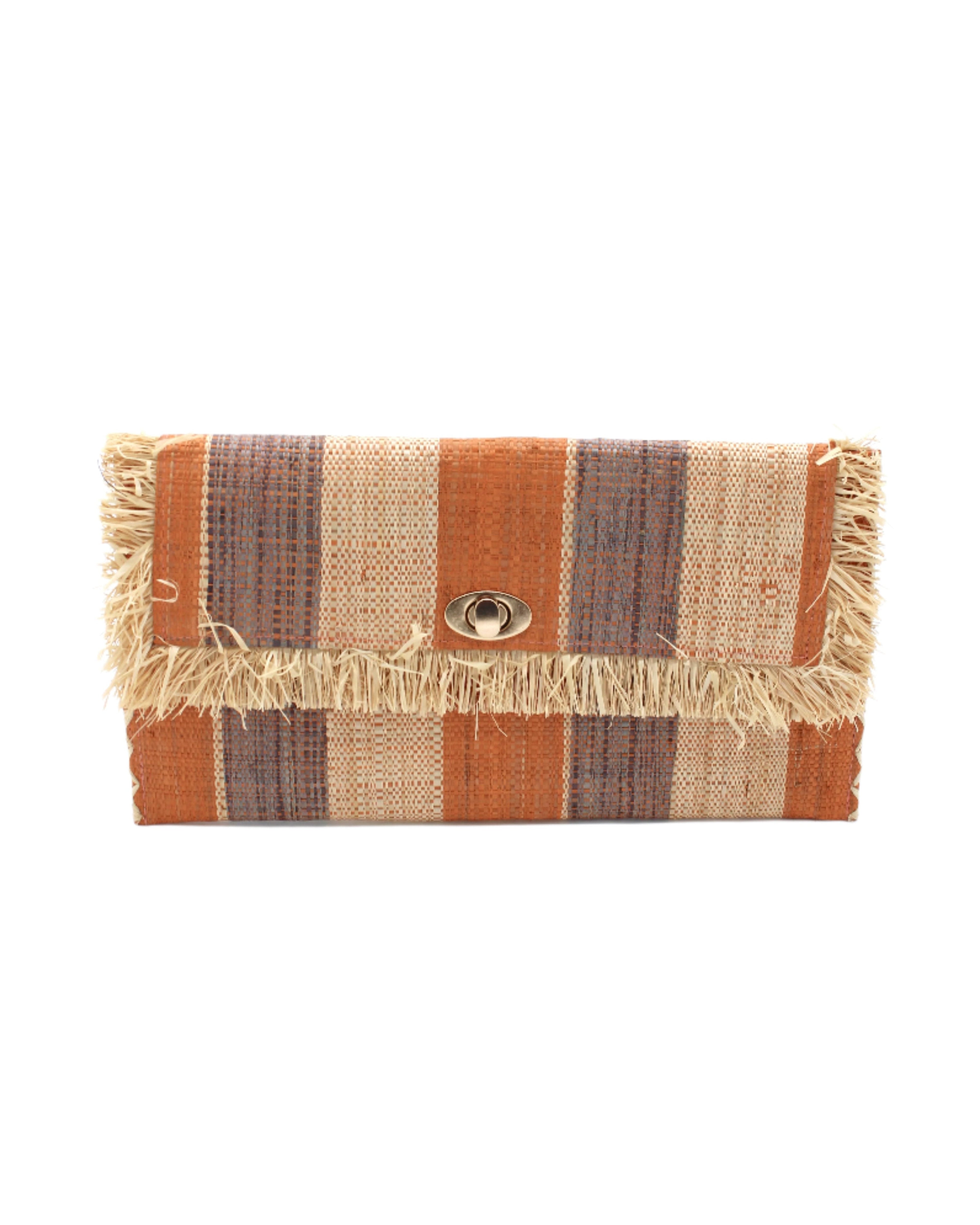 Sophie Blush Swirl Multicolor Stripes Straw Clutch handmade loomed raffia purse handbag in muti-width vertical bands of grey, blush orange/pink, and natural straw color with matching cross stitch edging and natural straw color raw fringe edge envelope shaped bag - Shebobo