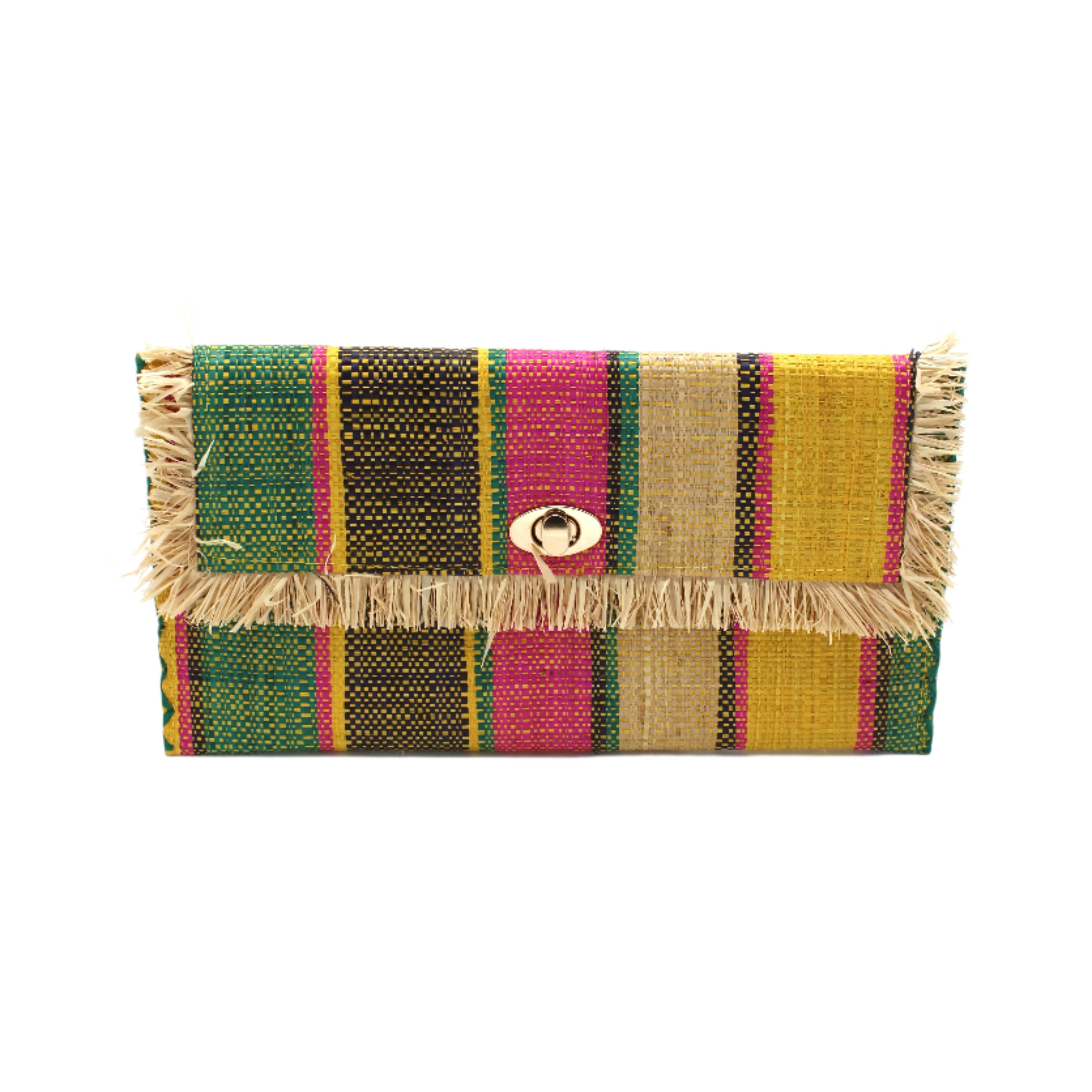 Sophie Carmalita Swirl Multicolor Stripes Straw Clutch handmade loomed raffia purse handbag in muti-width vertical bands of teal blue/green, fuchsia pink, yellow, black, and natural straw color with matching cross stitch edging and natural straw color raw fringe edge envelope shaped bag - Shebobo
